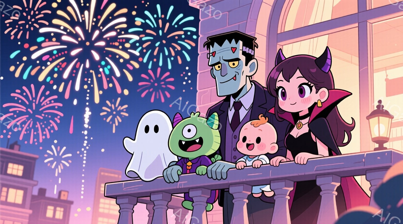 バルコニーに、フランケンシュタインの怪物、魔女、一つ目巨人、赤ん坊幽霊の家族が立っている。怪物は黒いスーツとネクタイを着ており、魔女は黒いドレスに赤いマントを羽織っている。背景には夜景が広がり、花火が打ち上げられているため、お祭りや祝祭の雰囲気が漂っている。