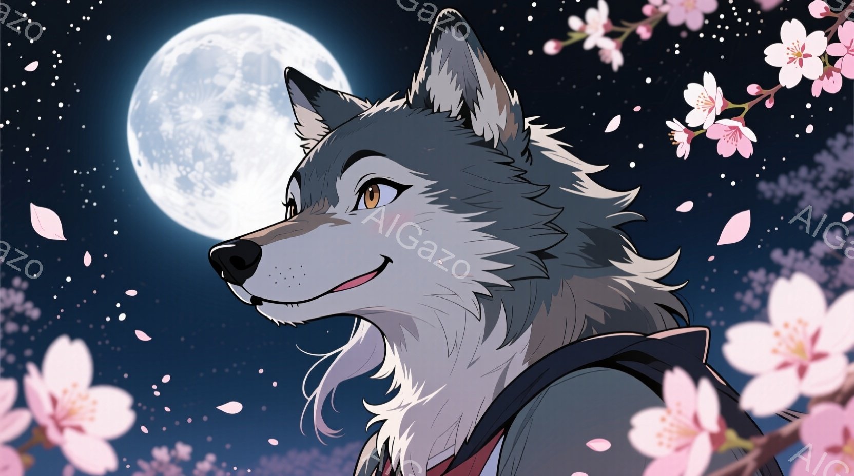 夜空を背景に、桜の花びらが舞う中、狼のキャラクターが描かれています。キャラクターは濃い色の衣服を身に着け、わずかに微笑みを浮かべ、遠くを見つめています。満月が輝き、夜空と桜の花びらが幻想的な雰囲気を醸し出しています。