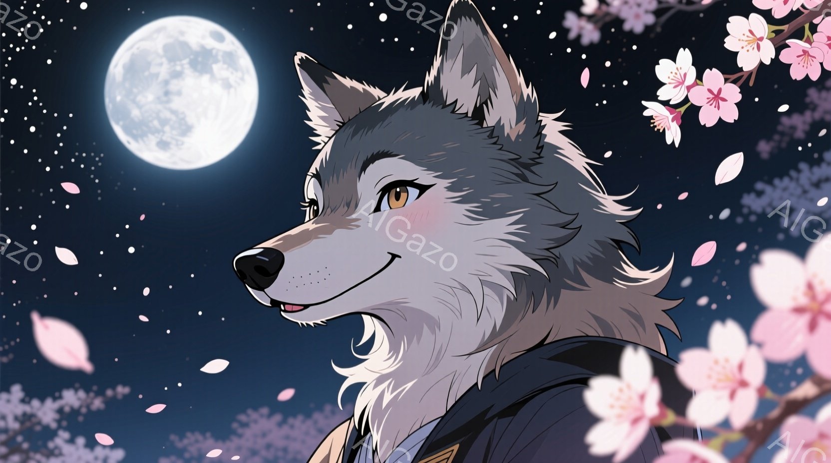 狼の姿をした人物が描かれており、深い青色の背景に、桜の花びらが舞い散る幻想的な夜空の下に佇んでいます。彼は濃い青色の着物のような衣装を身に着け、鋭い眼差しとわずかな微笑みを浮かべており、どこか物憂げで - AI生成フリー素材