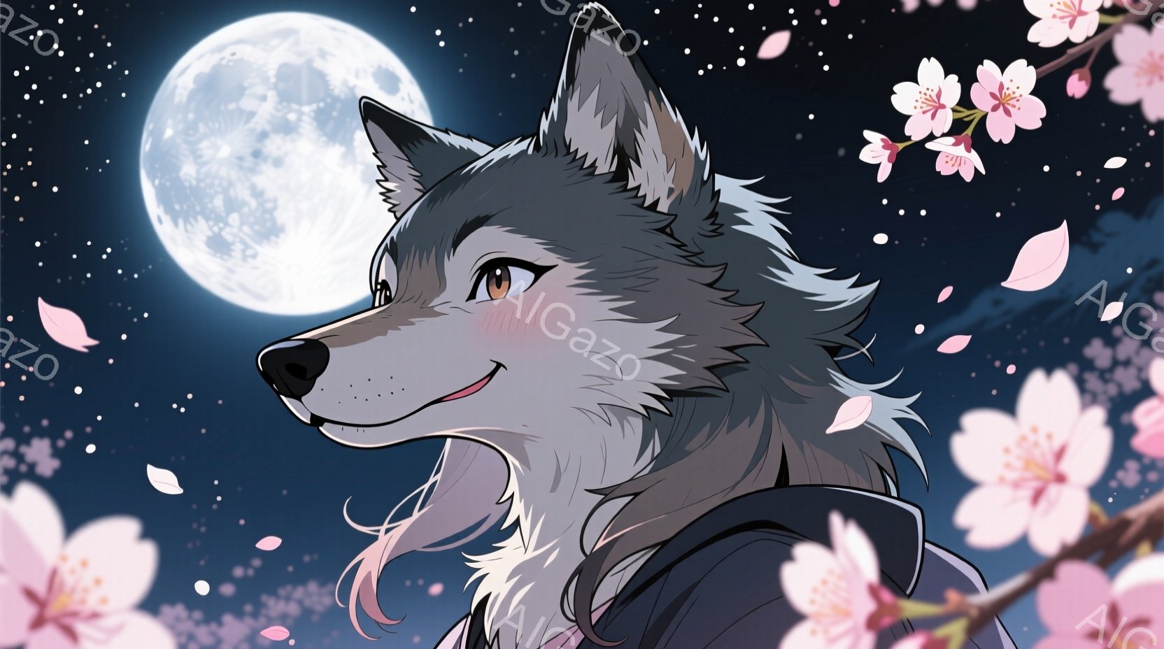 灰色の毛並みを持つ獣人（狼？）が、少し微笑んだ表情でこちらを見ている。淡いピンク色のメッシュが入った髪の一部が肩にかかり、黒い服装を身につけている。背景には満月が輝き、桜の花びらが舞い散る夜空が広がっており、幻想的で美しい雰囲気を醸し出している。