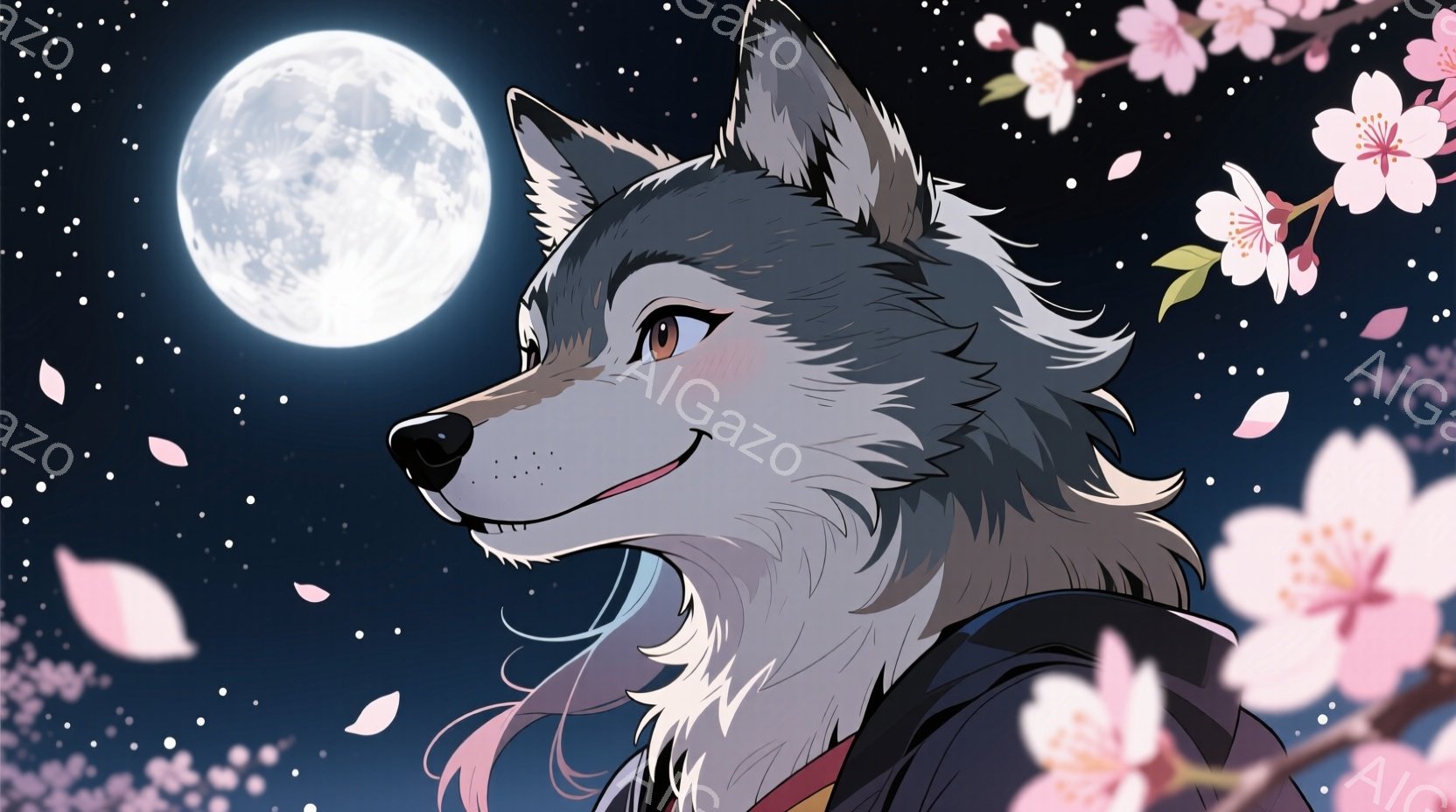 白い満月を背景に、毛並みの美しいオオカミの顔が描かれている。オオカミは右を向き、わずかに微笑んでおり、肩には薄いピンク色の髪と赤い装飾が施された黒い衣装を身につけている。背景には桜の花びらが舞い散り、 - AI生成フリー素材