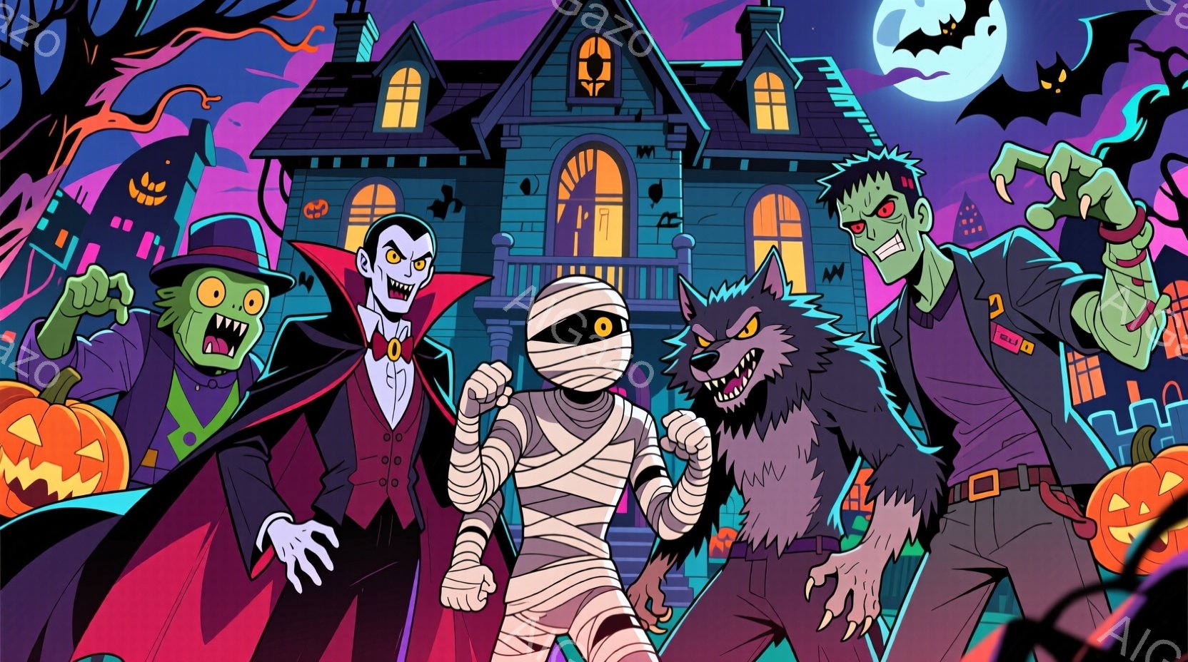 ハロウィーンをテーマにしたイラストで、ゾンビ、ヴァンパイア、ミイラ、狼男、フランケンシュタインのモンスターたちが、不気味な屋敷を背景にポーズをとっています。彼らはそれぞれハロウィーンらしい服装をしており、ゾンビは緑色の肌とよだれを垂らし、ヴァンパイアは赤いジャケットを着てニヤリと笑い、ミイラは包帯で覆われ、狼男は鋭い爪を出し、フランケンシュタインはボルトが頭に突き刺さっています。背景には不気味な屋敷、カボチャのランタン、そして暗い空と月が描かれており、ハロウィーンの不気味で楽しい雰囲気を強調しています。