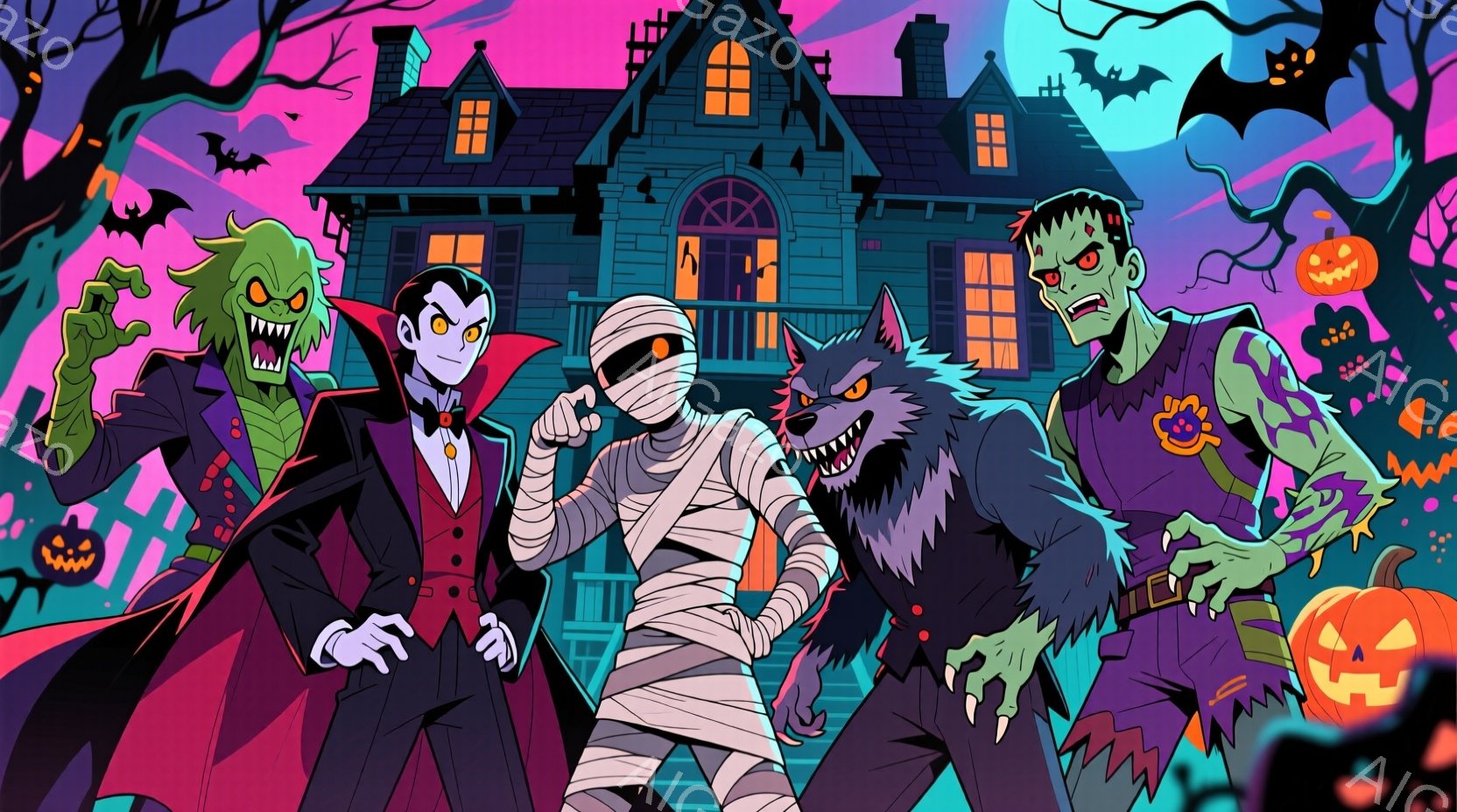 画面には、ハロウィーンをテーマにした、吸血鬼、ミイラ、狼男、フランケンシュタインのモンスターたちが描かれています。彼らはそれぞれ特徴的な衣装を身につけ、楽しそうな表情でポーズをとっています。背景には、不気味なシルエットの木々、満月、そしてお化け屋敷があり、ハロウィーンの夜の活気あふれる雰囲気を醸し出しています。