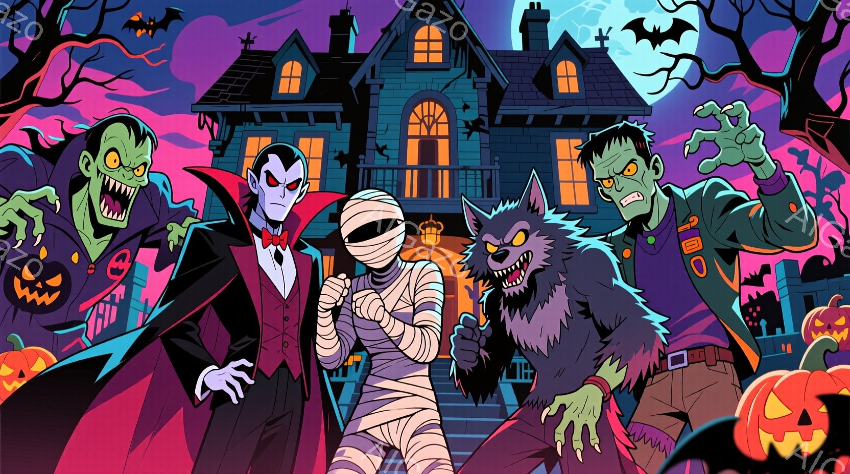 不気味な屋敷の前には、フランケンシュタイン、ドラキュラ、ミイラ、狼男の姿をしたモンスターたちが集まっている。彼らはそれぞれハロウィーンを意識した服装をしており、フランケンシュタインはパッチワークのスーツ、ドラキュラは黒いスーツに赤い蝶ネクタイ、ミイラは包帯で体を覆い、狼男は毛むくじゃらの姿をしている。背景には不気味な屋敷、満月、カラスの群れ、そしてジャック・オ・ランタンが散りばめられており、ハロウィーンの夜の不気味な雰囲気を強調している。