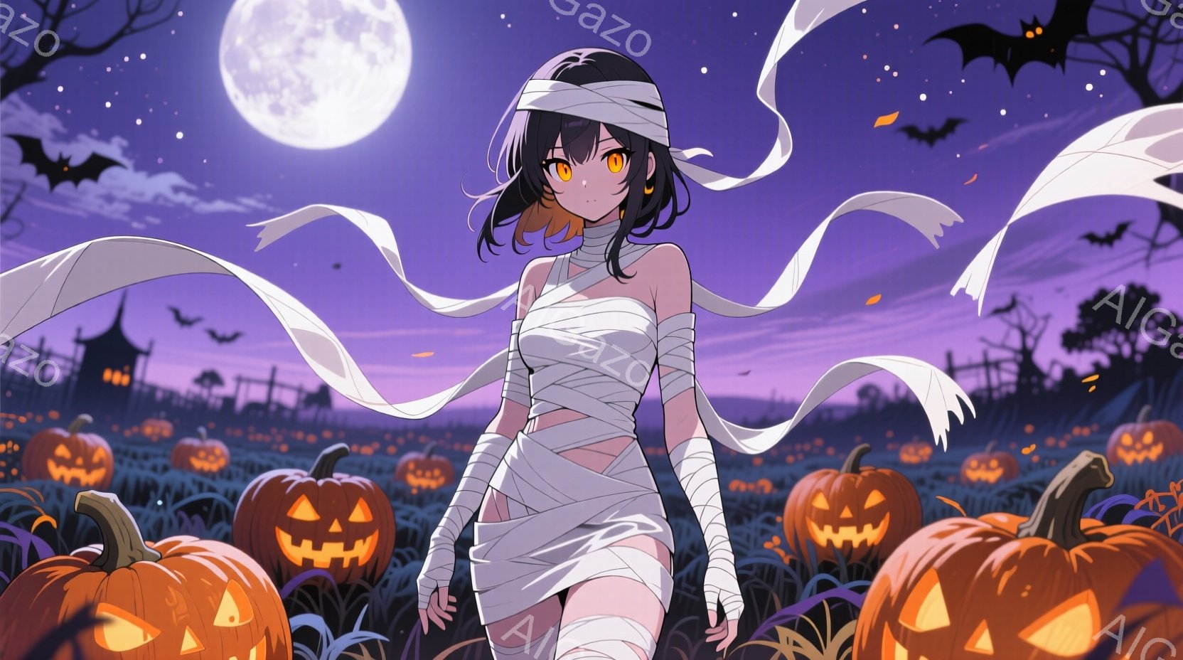 長い黒髪の女性が、ハロウィーンのミイラ風コスチュームを着ています。彼女は白い包帯で体を覆い、頭にも包帯を巻いています。背景には、光るジャック・オ・ランタンが並び、遠くにはお化け屋敷と、満月を背景にした - AI生成フリー素材