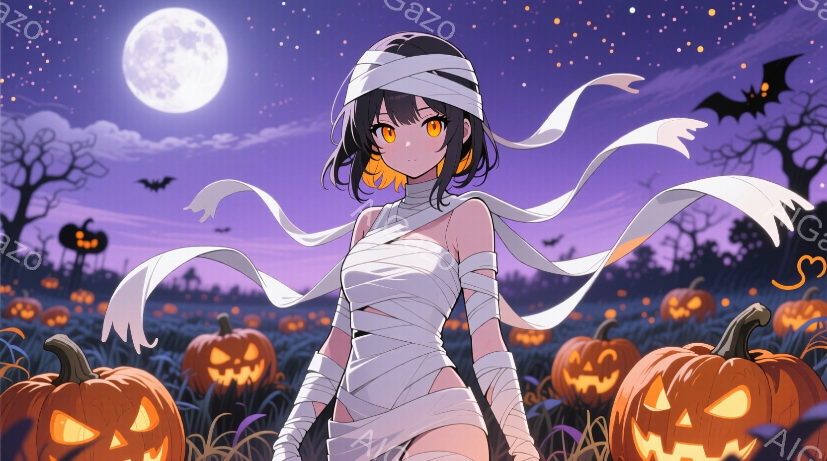 長い黒髪の女性が、ハロウィーンらしい包帯で身体を覆っています。彼女は少し微笑み、紫色の空とカボチャ畑を背景に、片手を腰に当てて立っています。背景には満月が輝き、不気味でありながらも愛らしい雰囲気を醸し出しています。