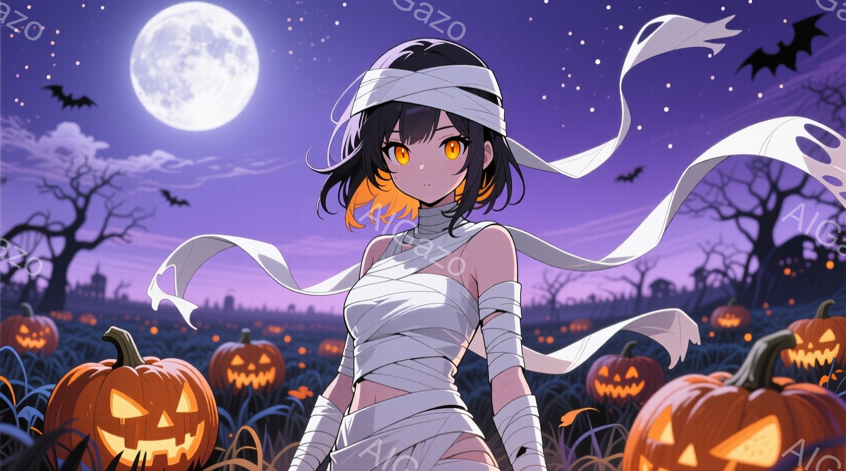 金髪の少女は、ハロウィーンのミイラのような衣装を着ています。彼女は腕と頭に包帯を巻き、顔には少しいたずらっぽい表情を浮かべています。背景には、ジャック・オー・ランタンが並び、暗い空に満月が輝く、ハロウ - AI生成フリー素材