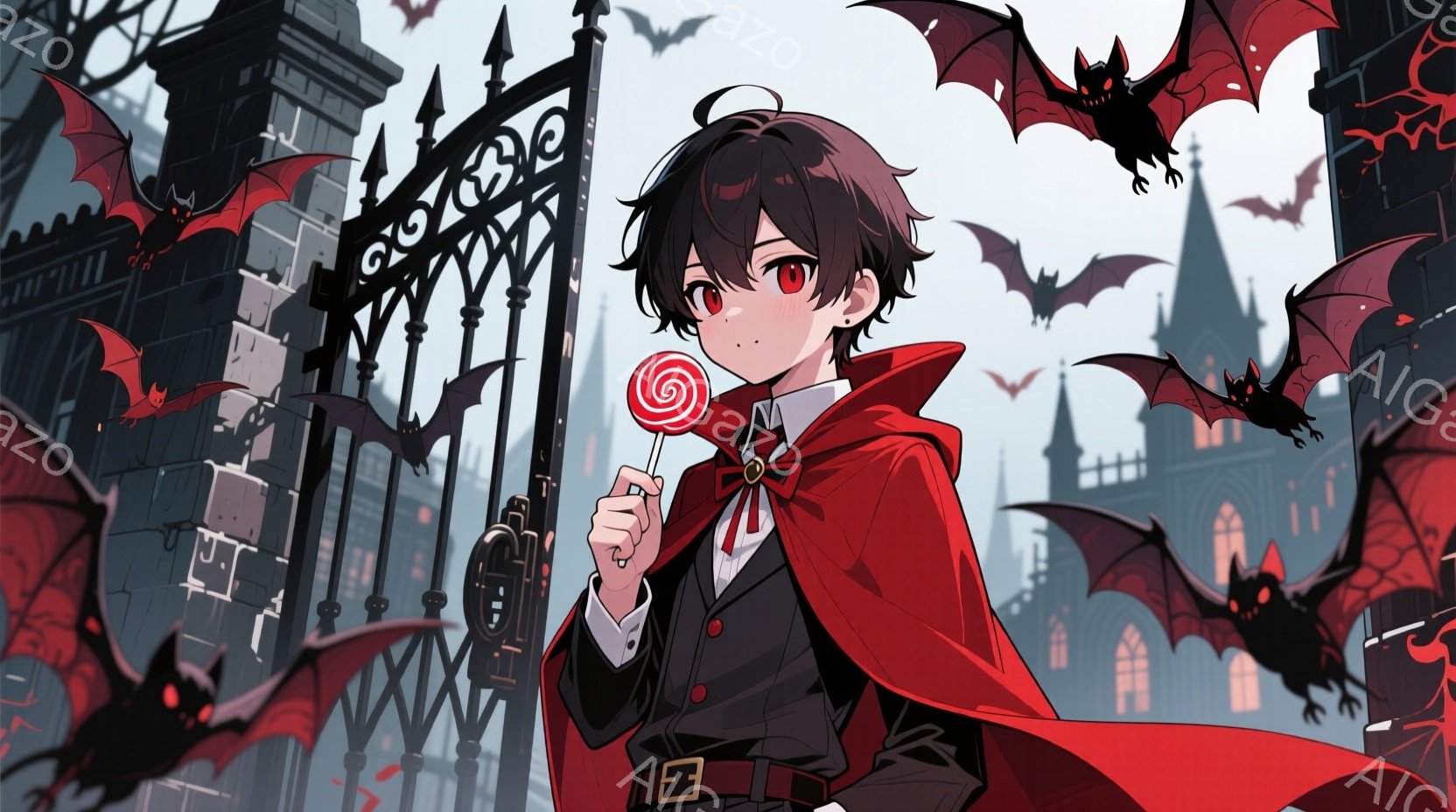 黒髪の少年が、赤いキャンディを手に、黒いスーツと赤いケープ姿で立っている。背景には、尖塔を持つゴシック様式の建物群と、夜空を舞う多数のコウモリが描かれ、薄暗く不気味な雰囲気を作り出している。少年の表情はやや無表情で、どこかミステリアスな印象を与える。