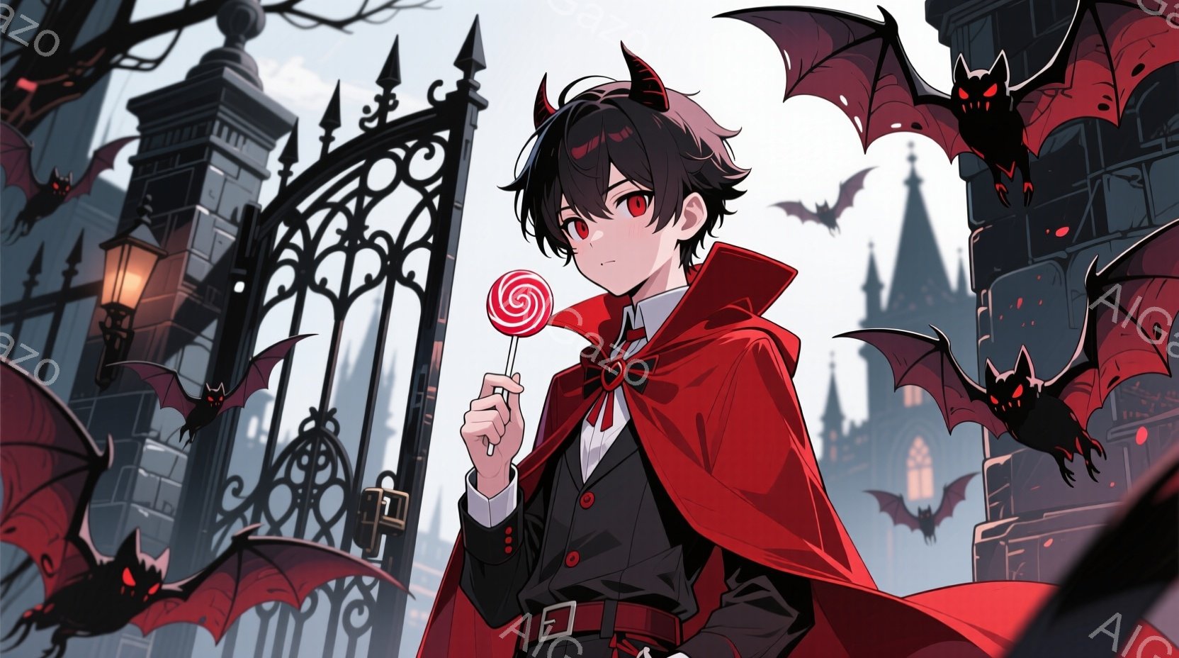 黒髪で、少し困ったような表情の少年が描かれています。彼は赤いマントと黒いスーツを着ており、片手にキャンディを持っています。背景には、ゴシック様式の建物、鉄柵、そしてたくさんのコウモリが舞っており、少し - AI生成フリー素材