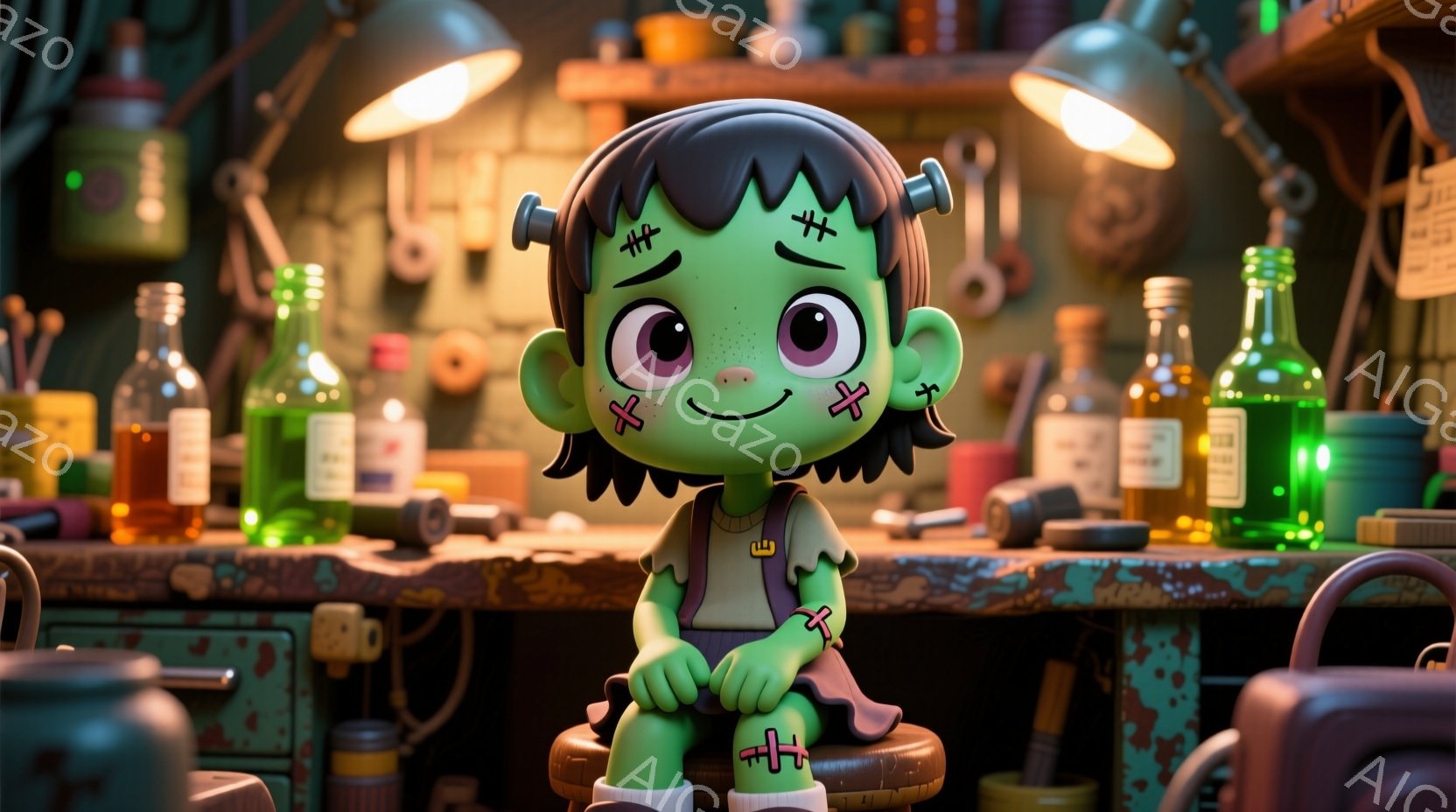 フランケンシュタイン風の小さなキャラクターを描いています。緑色の肌に黒い髪、そして縫い目のある顔で、明るい笑顔を浮かべています。キャラクターは、赤い椅子に座り、腕を組んでおり、背景には実験器具や瓶が並んだ実験室のような場所が広がっています。