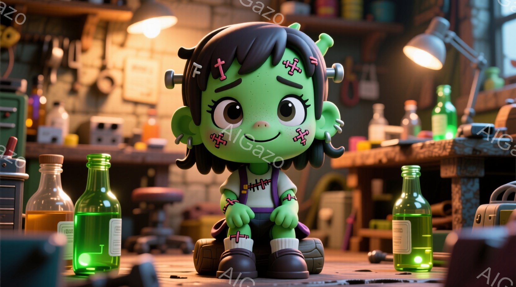 緑色のフランケンシュタイン風のキャラクターが、膝を抱えて座っている。紫色のシャツに黒いズボンを着用し、体には縫い目があり、明るい表情と大きな目を持つ。背景には、実験器具や紫色の椅子、木製の作業台があり、全体的に明るく、おもちゃのような雰囲気が漂っている。