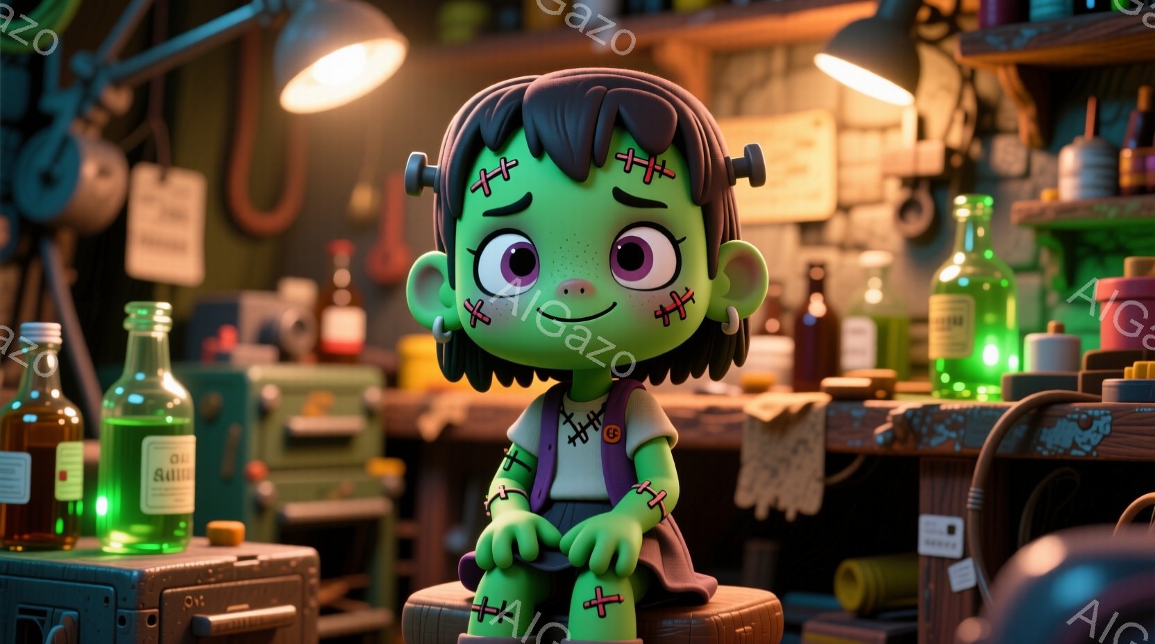 フランケンシュタインを模した可愛らしい緑色の女の子を描いています。彼女は黒いベルトに赤い蝶結び、腕や顔に縫い目のマークがあり、膝を抱えて座っています。背景には、オイルボトルや工具箱が並べられた作業台があり、全体的に温かみのある、おもちゃのような雰囲気です。