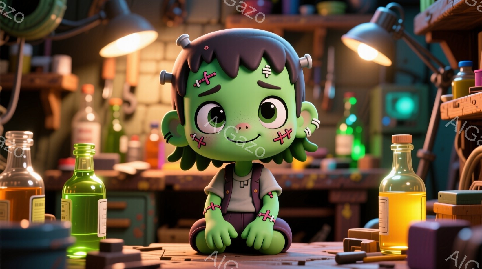 フランケンシュタインをモチーフにした、可愛らしいキャラクターを描いています。緑色の肌に、ボルトの模様が特徴的で、膝と肘に包帯が巻かれています。背景には実験器具や試験管が置かれ、科学的な実験室のような雰囲気で、明るく陽気な色彩が楽しさを演出しています。