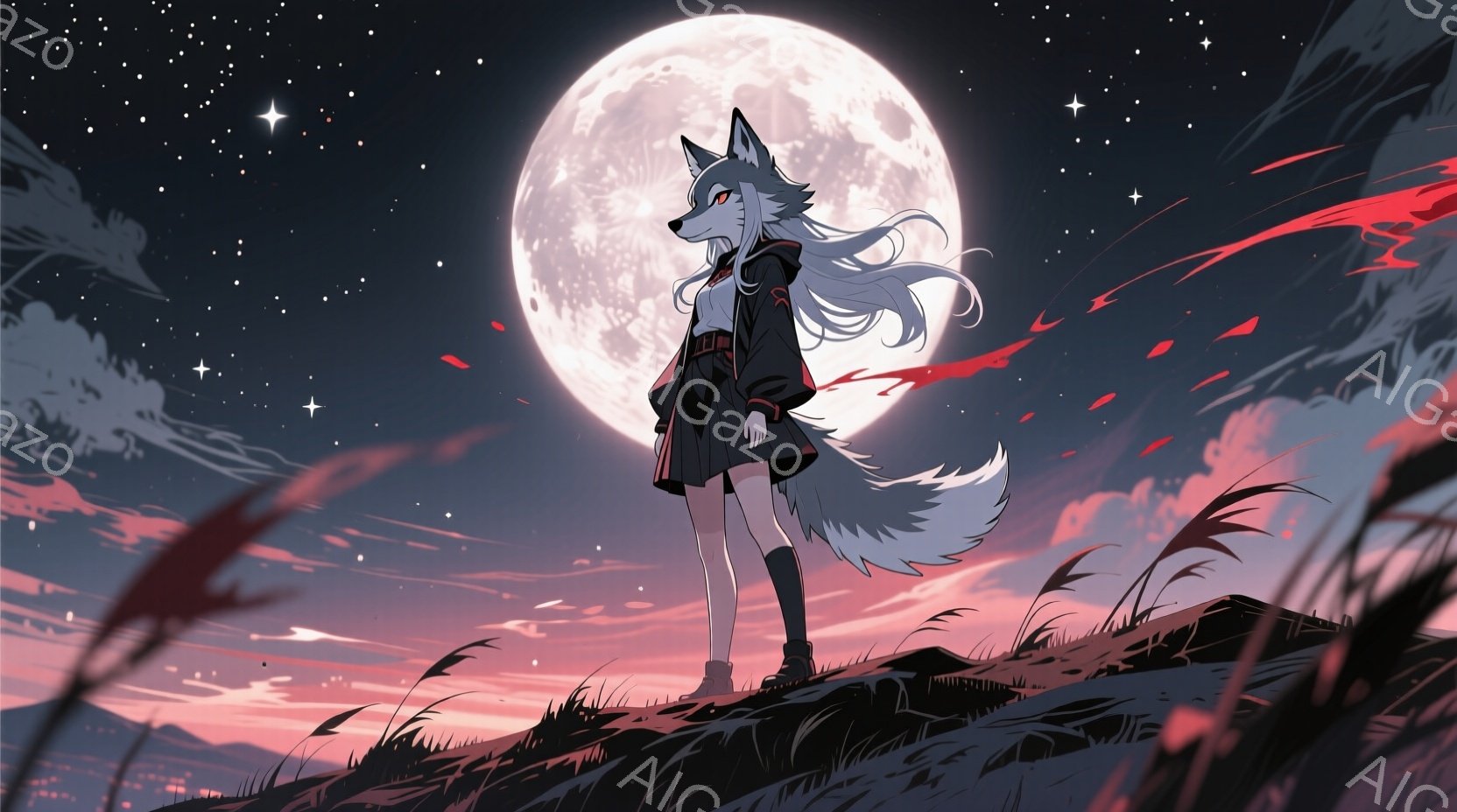 白い毛並みを持つ狼のキャラクターが、丘の上に立っている。彼女は黒いミニスカートと赤いアクセントの入った白いシャツ、太もも丈の靴下を着用し、どこか寂しげな表情で遠くを見つめている。背景には巨大な赤い満月と、暗いシルエットの街並み、そして赤い光の筋が広がり、幻想的で少し物悲しい雰囲気を醸し出している。