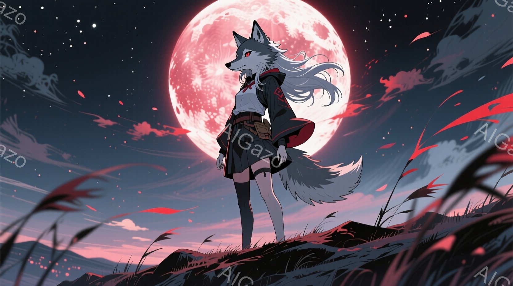 白い髪と灰色の狼の耳と尻尾を持つ少女が、丘の上に立っている。彼女は黒いスカートと、赤い襟と肩当てが付いた白いシャツを着ており、腰にはベルトが巻かれている。背景には、赤い満月と、草が生い茂る丘、そして薄暗い空が広がっており、神秘的で幻想的な雰囲気を醸し出している。