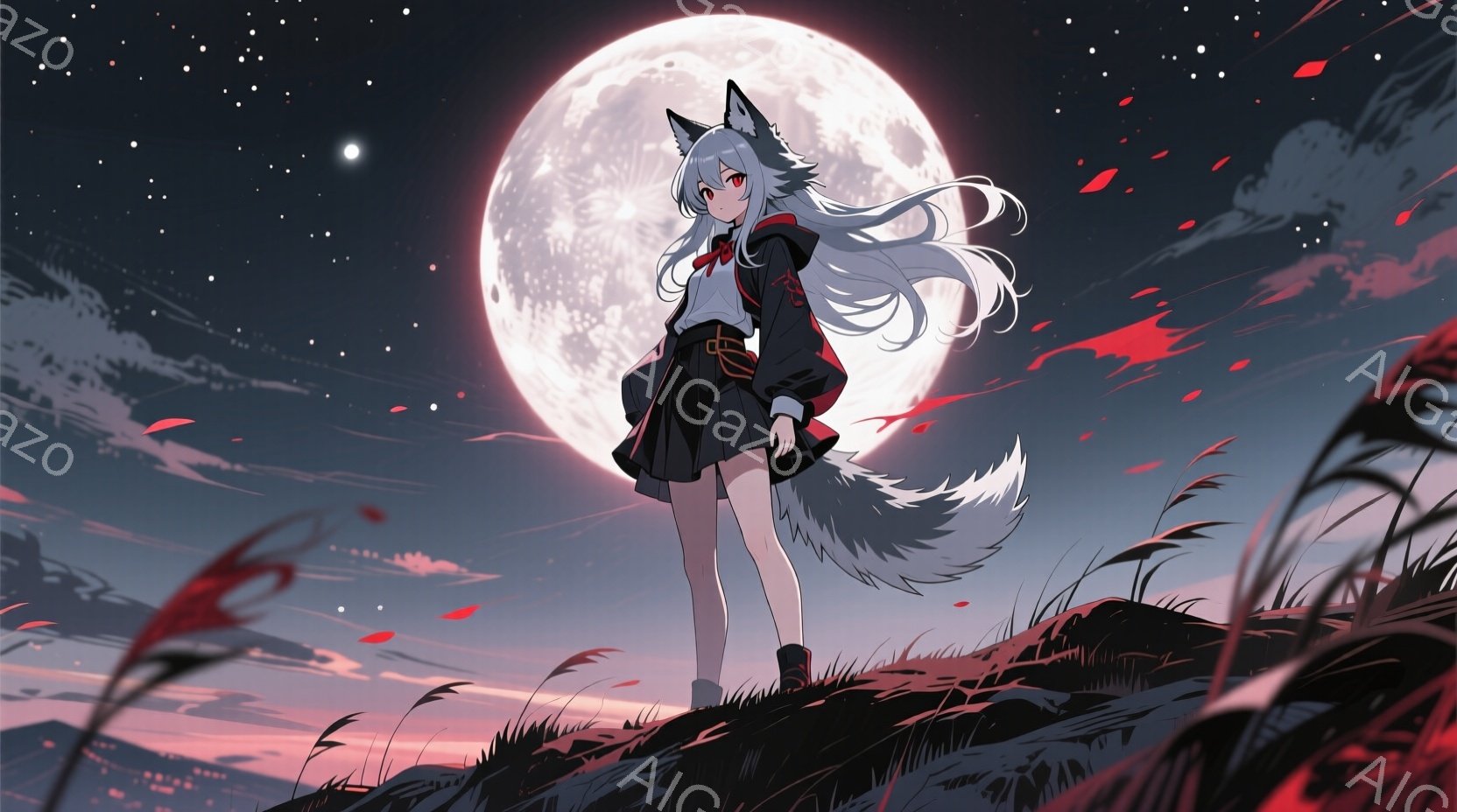 白髪の長い髪と狐の耳を持つ少女が描かれている。彼女は黒いミニスカート、赤いリボン付きの白いブラウス、黒いジャケットを着用し、ブーツを履いている。背景には満月が輝き、赤い花々が咲き乱れる丘の上に少女が立っている。