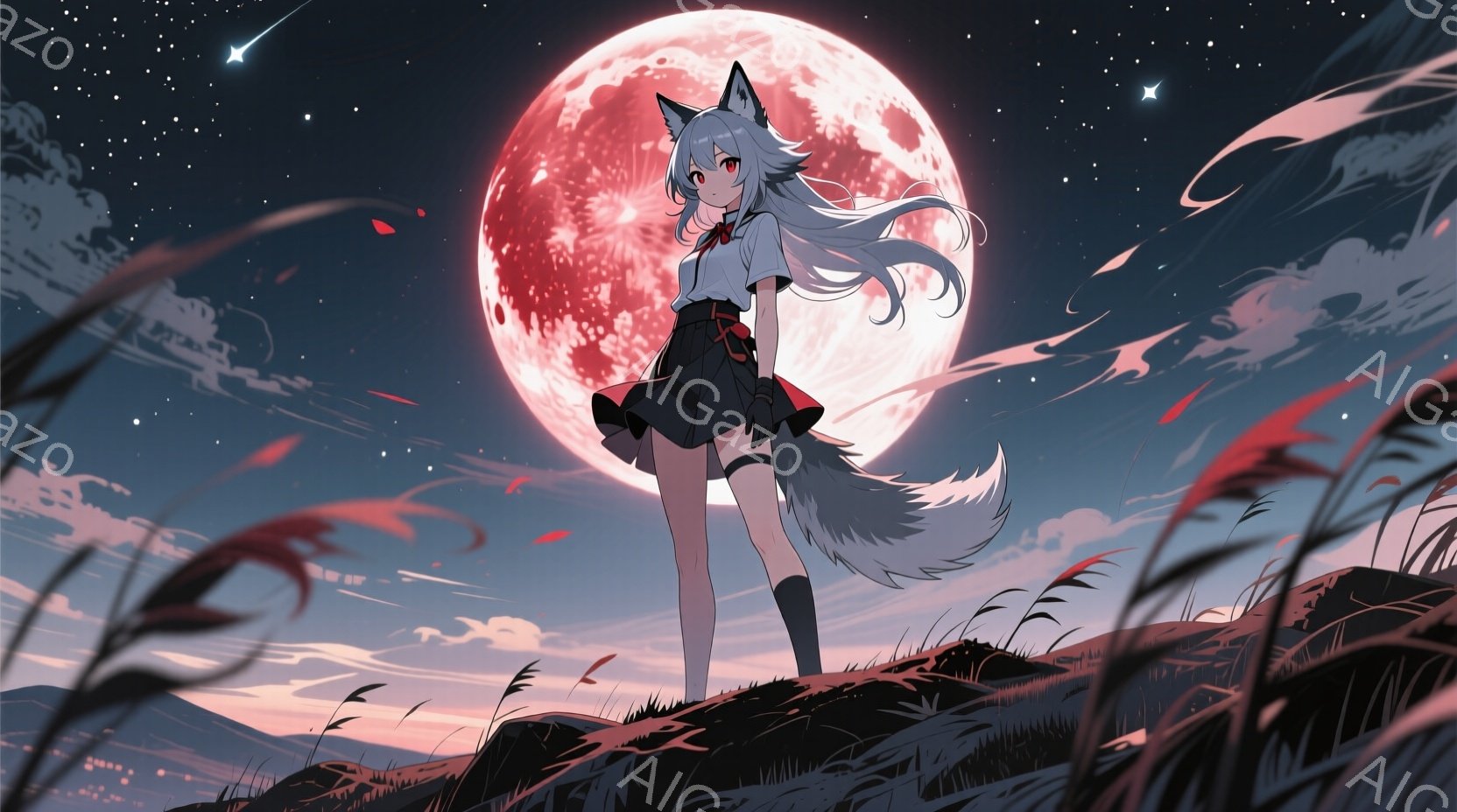白い髪と動物のような耳を持つ少女が描かれています。彼女は黒いミニスカート、白いシャツ、赤いリボン、太もも丈の靴下を身に着けており、少し微笑んでいるように見えます。背景には、大きな赤い満月と草原、そして夜空が広がり、幻想的で神秘的な雰囲気を醸し出しています。