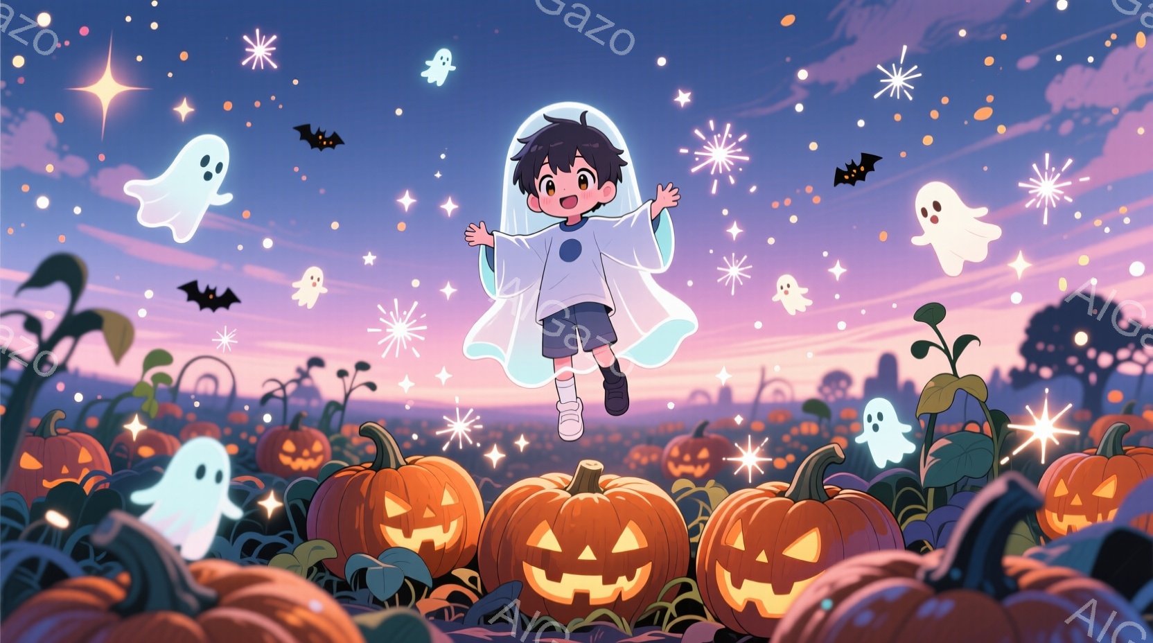 明るいオレンジ色のカボチャ畑に、黒髪で可愛らしい少年が浮かんでいます。少年は白い幽霊のようなマントを羽織り、両手を広げて楽しそうに空中に浮遊しており、表情は明るく無邪気です。背景には、夜空に星やキラキラした光、そして飛び回るコウモリと幽霊が描かれ、ハロウィンの夜の幻想的で楽しい雰囲気を醸し出しています。