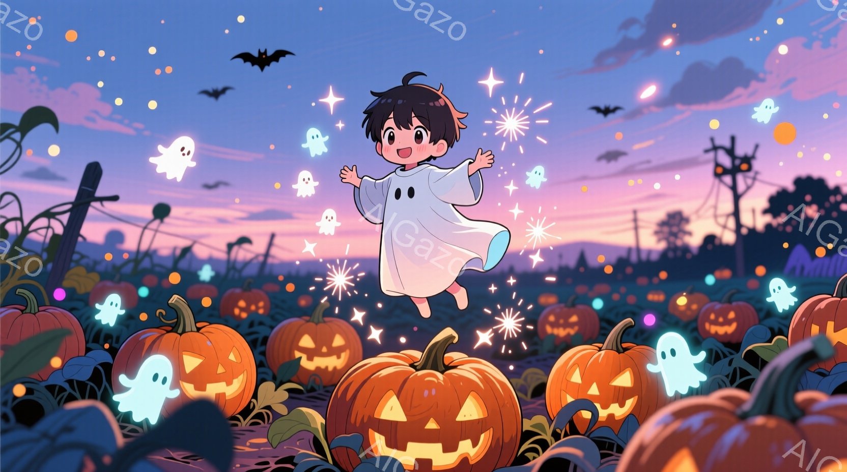 少年はハロウィーンの仮装をして、カボチャ畑でジャンプしています。彼は白いお化けの衣装を着ており、短い黒髪と笑顔が印象的です。背景には、たくさんのジャック・オー・ランタンと幽霊が浮かび、夕焼け空がハロウィーンの幻想的な雰囲気を醸し出しています。