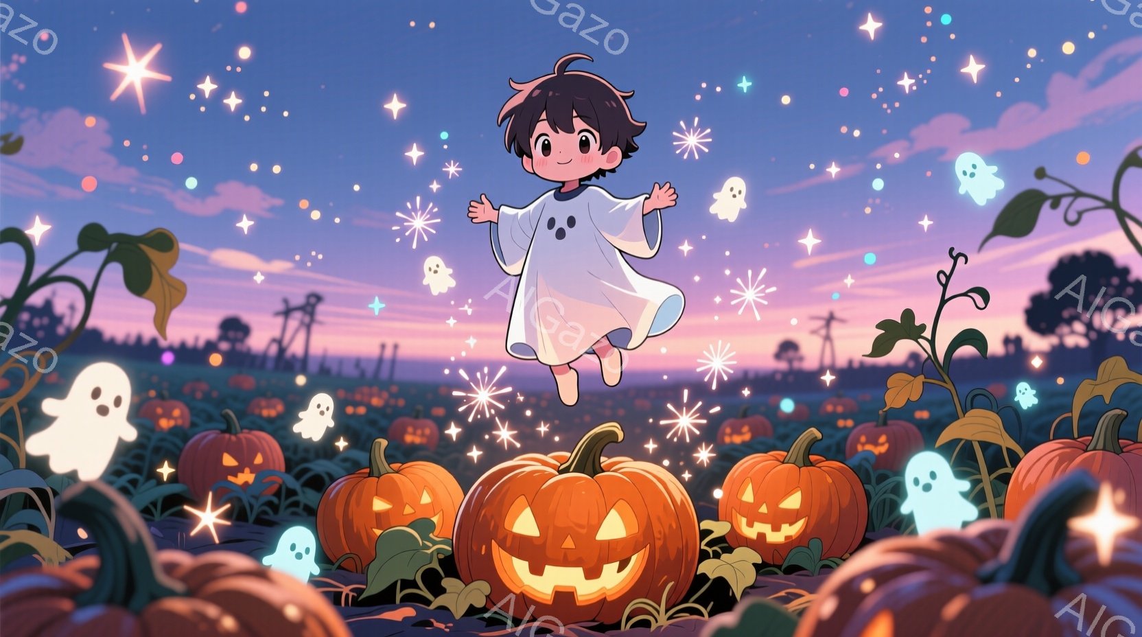 オレンジ色のジャック・オ・ランタンが広がる畑で、白い幽霊の衣装を着た少年が宙に浮いて両手を広げています。背景には、夕焼け空と遠くに見える建物、そしてたくさんの星と光の粒子が散りばめられており、幻想的な雰囲気です。少年の表情は明るく、ハロウィンの夜を楽しんでいる様子が伝わってきます。