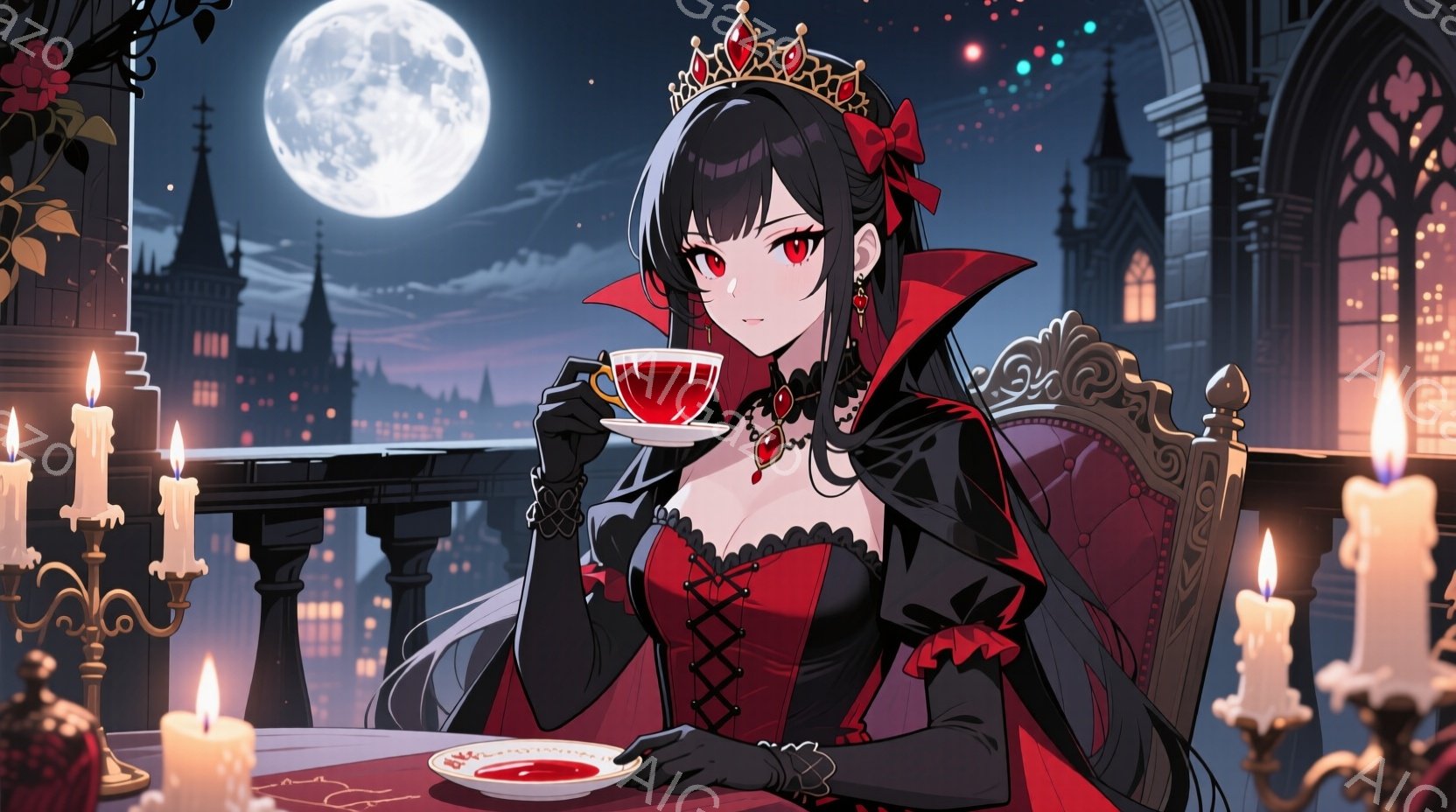 深紅のドレスと黒いケープを身につけた女性が、優雅にティーカップを手にしている。彼女は黒髪をサイドにまとめ、赤い宝石の王冠を被っており、鋭い眼差しでティータイムを楽しんでいるようだ。背景には、月明かりに照らされた夜の街並みとゴシック様式の建築物が広がり、キャンドルの灯りが幻想的な雰囲気を醸し出している。