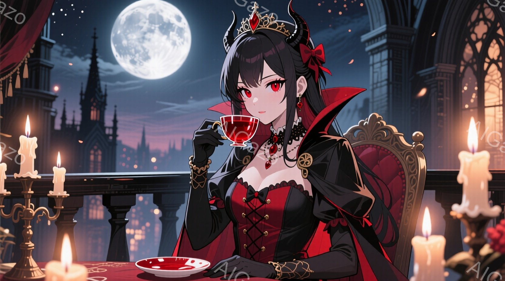 深紅のドレスに黒いマントを羽織った女性が、バルコニーで赤い液体が入ったカップを手にしている。彼女は黒髪の巻き髪に金の髪飾りをつけ、赤い瞳でどこか物憂げな表情をしている。背景には、月明かりの下に広がる都市の夜景が広がっており、キャンドルが灯されたテーブルが優雅な雰囲気を醸し出している。
