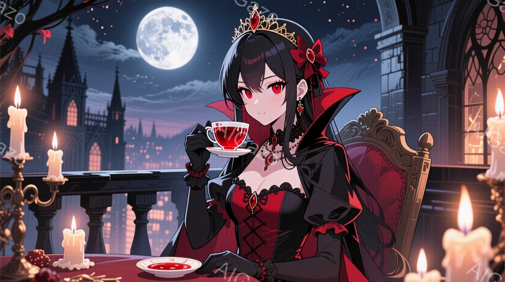 深紅のドレスを身に着けた少女が、優雅にティーカップを手にしている。黒い髪は肩まで伸び、赤い瞳はどこか物憂げだ。背景にはゴシック様式の建物群が広がり、満月と星空が幻想的な雰囲気を醸し出している。 - AI生成フリー素材