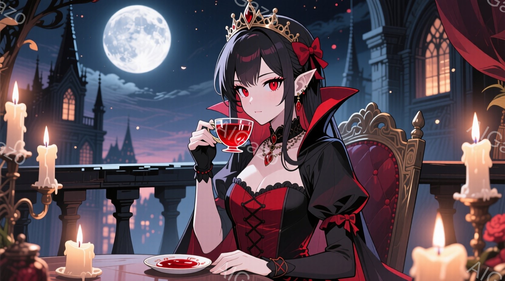 深紅のドレスと黒い髪の女性が、豪華な椅子に座ってワイングラスを手にしている。彼女は赤い瞳を持ち、少し微笑んでいるように見える。背景には、月明かりの下の夜の街並みと古城が広がり、ろうそくの光が幻想的な雰囲気を醸し出している。