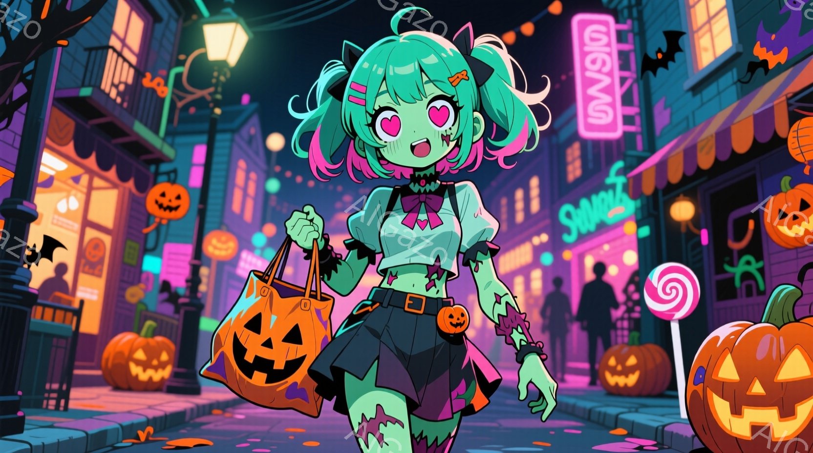 明るい紫色の髪に、緑色の肌をした若い女性が描かれています。ハロウィーンをテーマにした服装で、カボチャの顔が描かれたバッグを持っています。背景には、ハロウィーンの装飾が施された建物やカボチャが並び、お祭り気分を盛り上げています。
