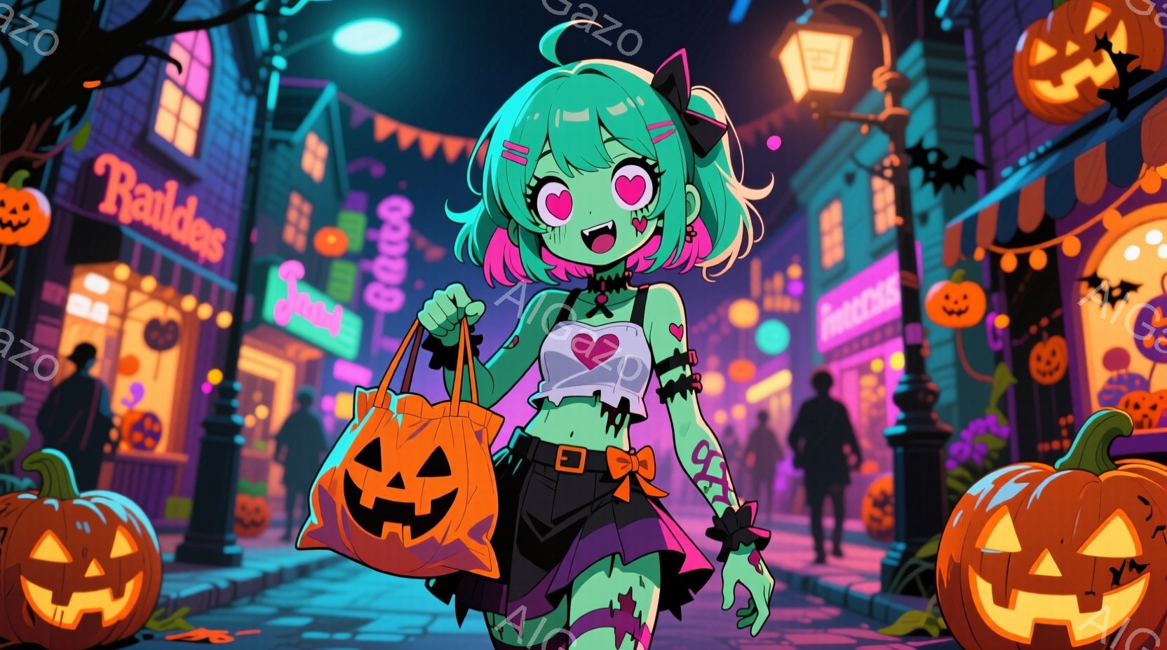 明るい緑色の髪と赤い瞳を持つ若い女性が、ハロウィーンの夜にオレンジ色のカボチャの形をしたバッグを持って立っています。彼女は白いクロップドトップスに黒いスカートとブーツを履いており、ゾンビ風のメイクとアクセサリーで飾られています。背景には、ハロウィーンの装飾が施された建物や通りが描かれており、お祭り騒ぎの賑やかな雰囲気が感じられます。