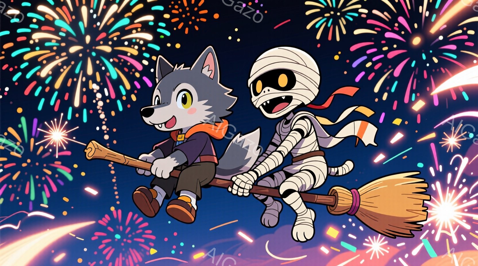 ほうきに乗って空を飛んでいる狼のキャラクターとミイラのキャラクターが描かれています。狼は赤いシャツと茶色のショートパンツを着ており、笑顔で前を見つめています。背景には、夜空に咲き乱れる様々な色の花火が広がり、楽しいお祭りの雰囲気を演出しています。