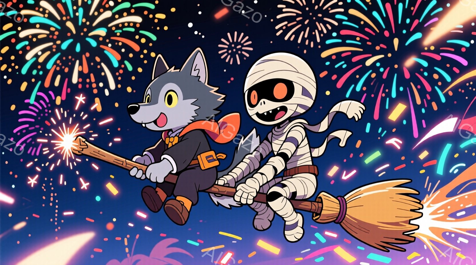 狼の男の子とミイラが、ほうきに乗って夜空を飛んでいる様子が描かれています。狼の男の子は茶色のジャケットとズボンを着用し、笑顔でほうきを握っています。背景にはカラフルな花火が咲き乱れ、夜空を明るく照らし、楽しいお祭りの雰囲気を醸し出しています。