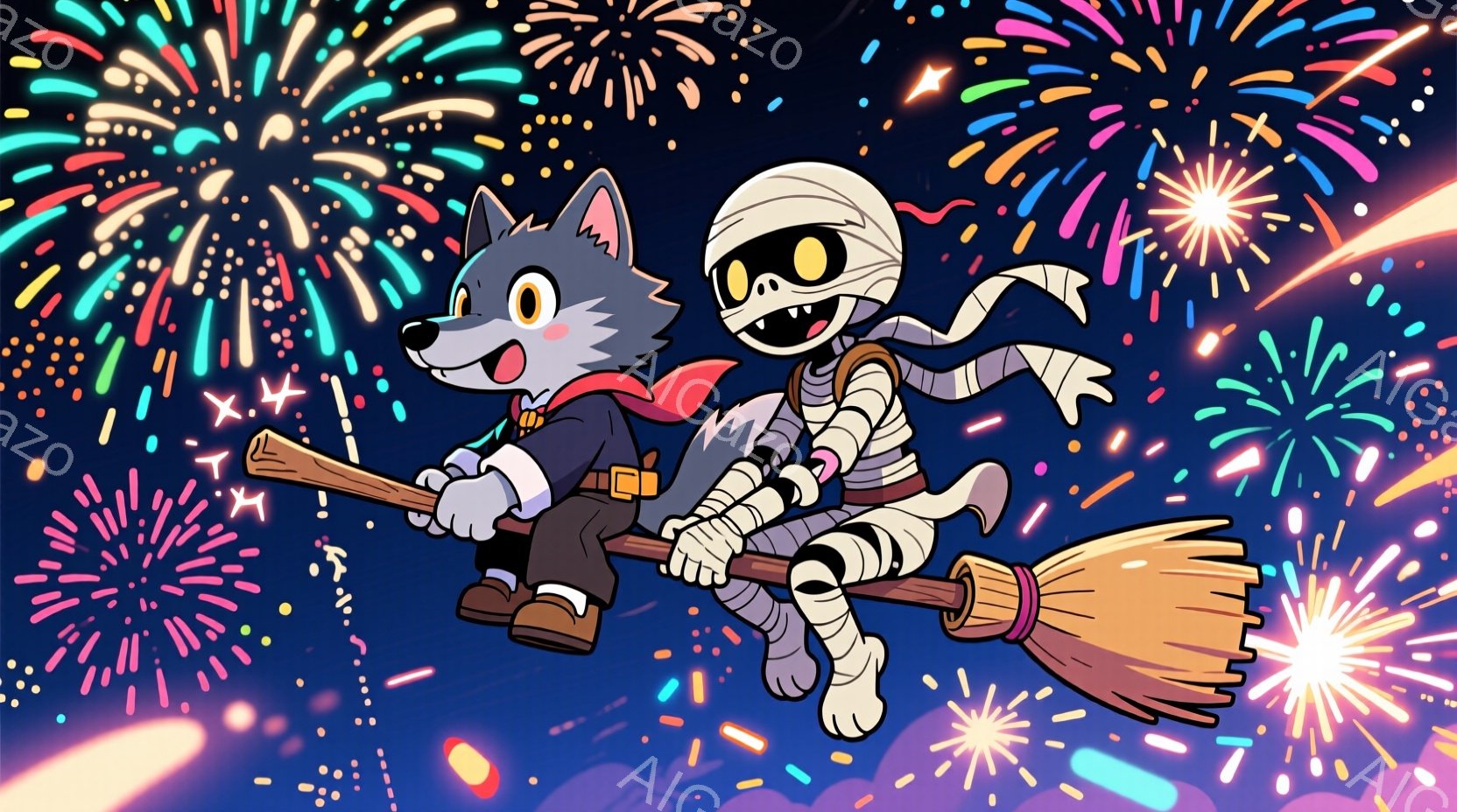 灰色の服を着た少年とミイラが、ほうきに乗って夜空を飛んでいます。少年は笑顔で前を見つめ、ミイラは少し笑みを浮かべて楽しんでいます。背景には、色とりどりの花火が夜空を彩り、楽しげな雰囲気を醸し出しています。