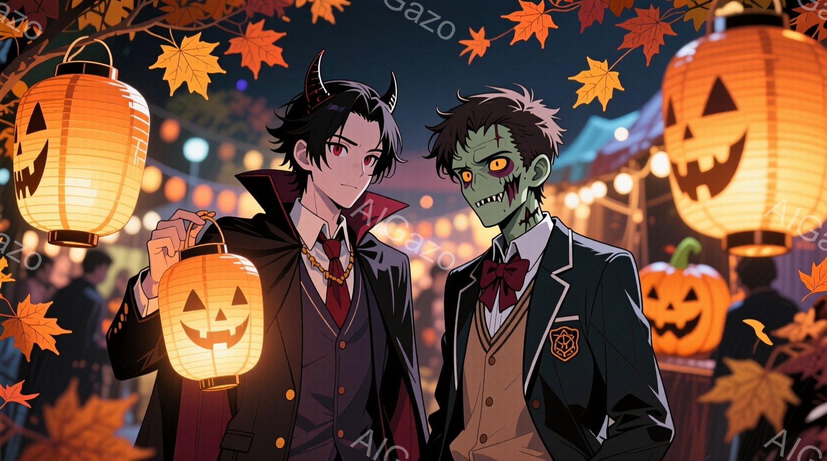 ハロウィーンの装いをした二人の少年が描かれています。片方は黒い髪と赤い瞳を持つヴァンパイア風の少年で、黒い制服に赤いネクタイ、そして金のチェーンを身につけ、カボチャのランタンを持っています。もう片方は緑色の肌とゾンビのような風貌の少年で、制服にボウタイを締め、少し不気味な微笑みを浮かべています。