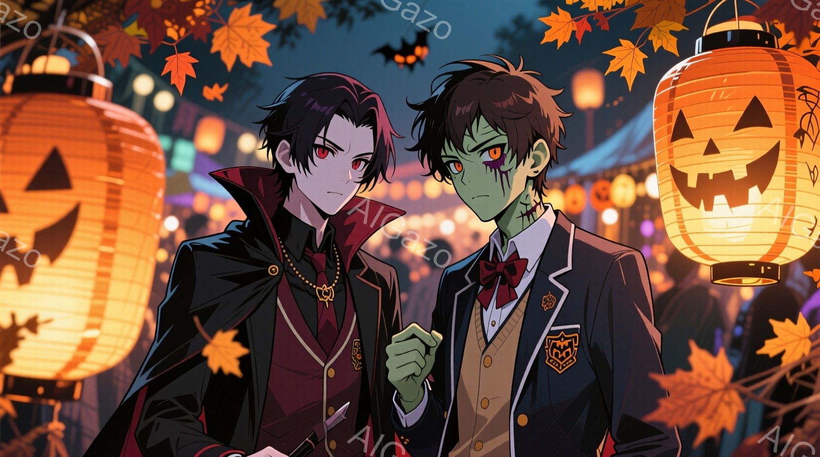 2人の少年が、ハロウィーンのランタンが飾られた夜の通りに立っている。黒髪で赤い瞳を持つ少年は、黒い制服にマントを羽織り、少し不機嫌そうな表情をしている。もう一人の少年は、緑色の肌と赤い瞳を持ち、制服を着ているが、手首に包帯が巻かれ、少し疲れた様子を見せている。