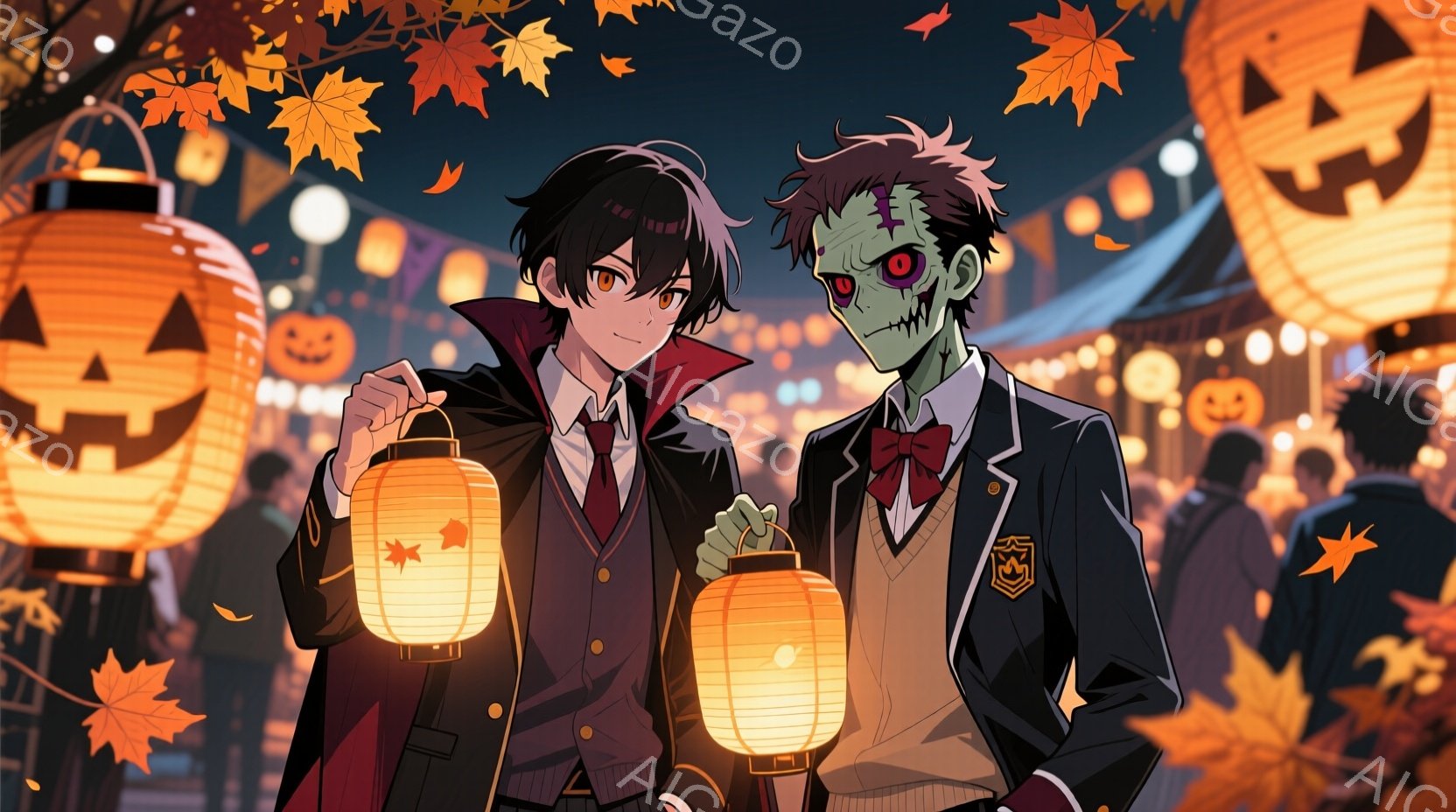 夜の祭りを思わせる背景には、数多くのカボチャのランタンが飾られ、落ち葉が舞う秋の雰囲気を感じさせます。二人の少年は制服姿で、それぞれ提灯を持ち、少し微笑んだ表情をしています。片方は黒髪で、もう片方は緑 - AI生成フリー素材