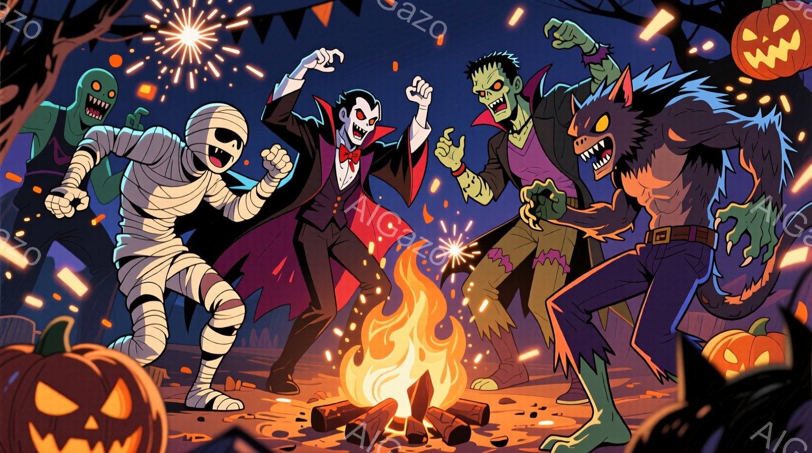 ハロウィーンの夜、ミイラ、吸血鬼、フランケンシュタイン、狼男のモンスターたちが焚き火を囲んで踊っています。 各モンスターは特徴的な衣装を着ており、ミイラは包帯で全身を覆い、吸血鬼は黒いスーツに赤いマントを羽織っています。 背景にはカボチャのランタンが散りばめられ、夜空には花火が打ち上げられ、お祭り騒ぎの雰囲気です。