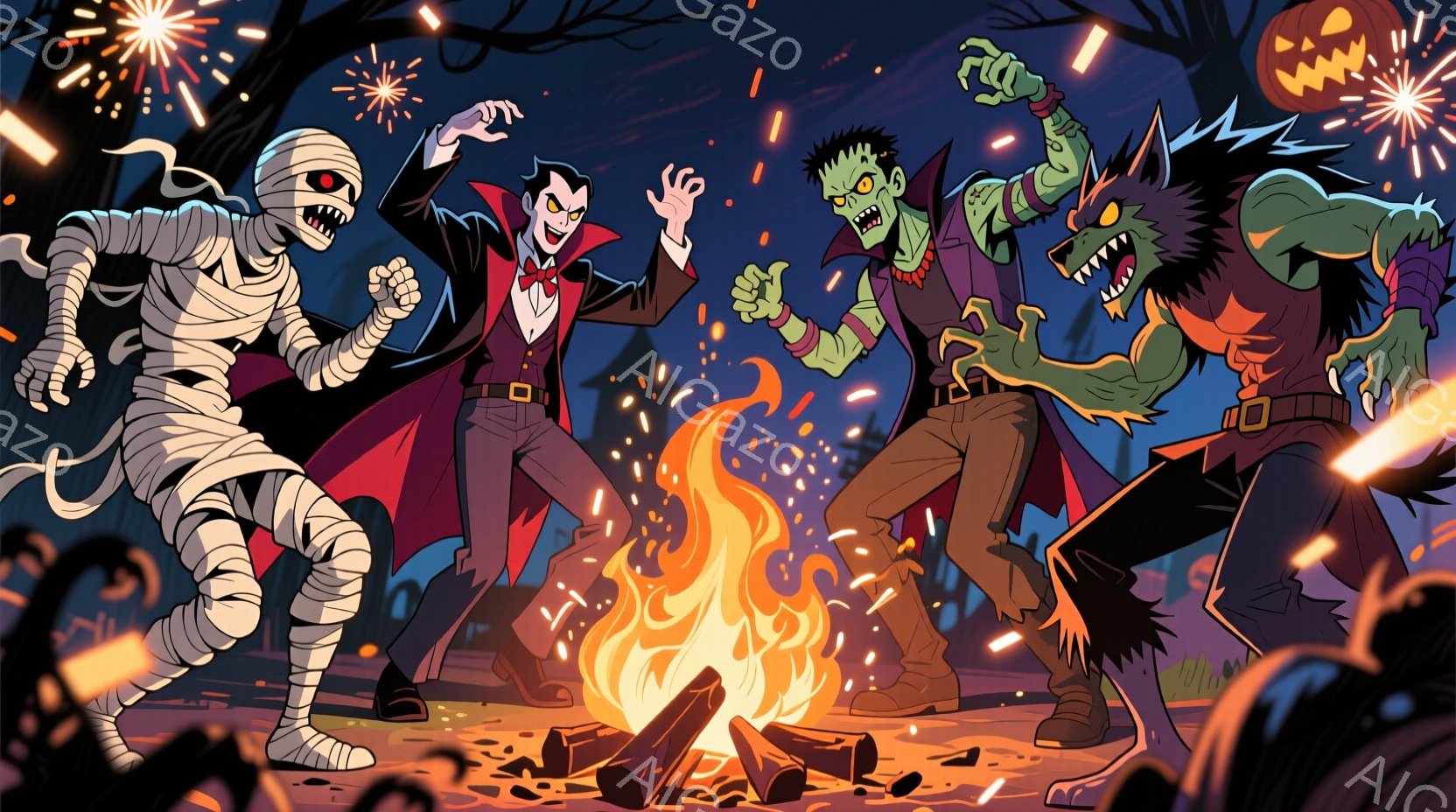 幽霊のようなミイラ、吸血鬼、フランケンシュタインの怪物、そして狼男が、燃え盛る焚き火の周りで踊っている様子が描かれています。ミイラは包帯で全身を覆われ、吸血鬼は赤いジャケットと黒いズボンを着用し、フランケンシュタインの怪物は緑色の肌とボルトのついた首を持っています。背景には暗い森と、花火のような光が散りばめられ、ハロウィンの夜の陽気で賑やかな雰囲気が漂っています。
