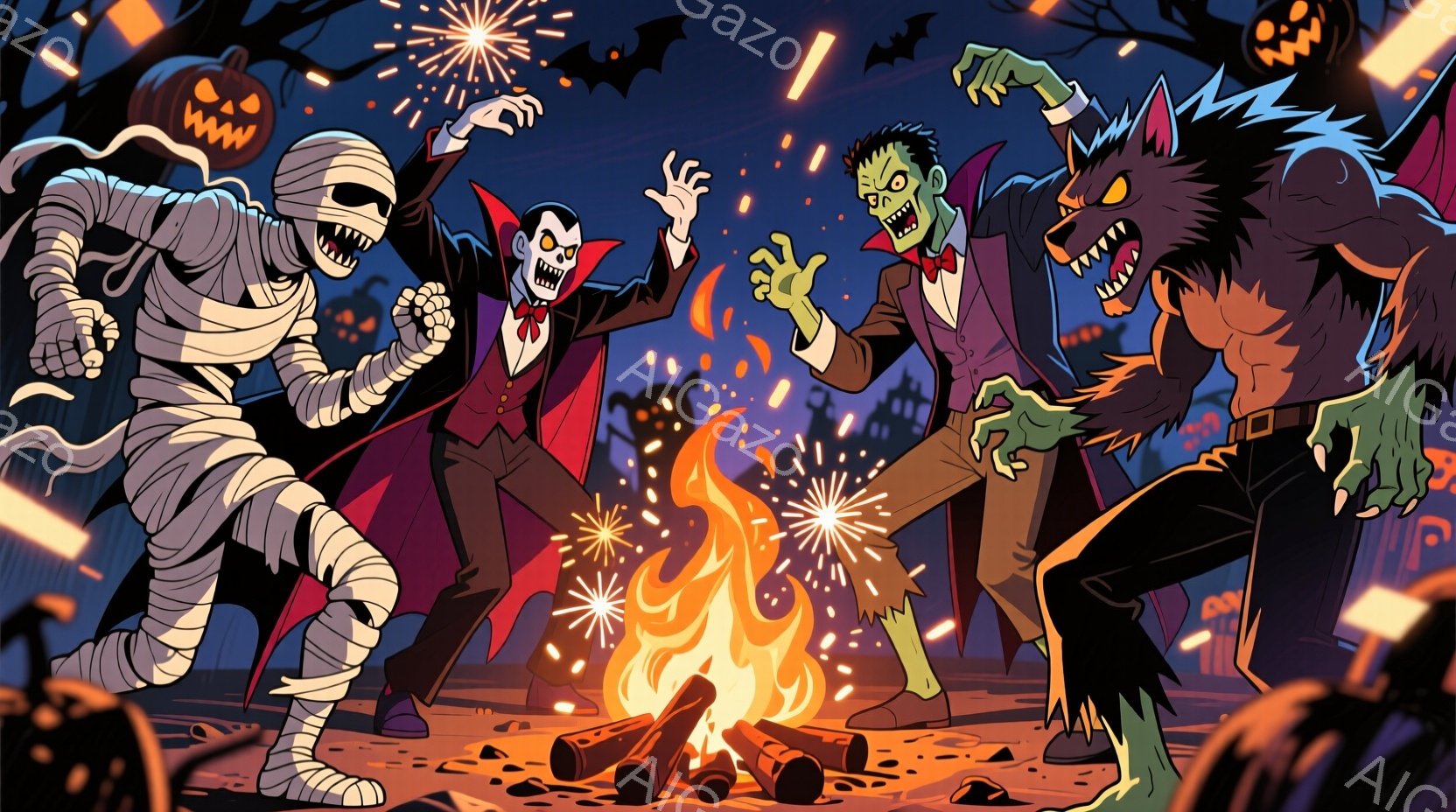 幽霊、吸血鬼、フランケンシュタインの怪物、人狼が、キャンプファイヤーを囲んで踊っているイラストです。吸血鬼は赤いスーツと黒い髪で、怪物と人狼はそれぞれ緑色と茶色の毛並みで、それぞれ笑顔を浮かべています。背景にはシルエットの建物、満月、コウモリ、そしてオレンジ色の炎が描かれており、お祭り騒ぎのような楽しい雰囲気を醸し出しています。