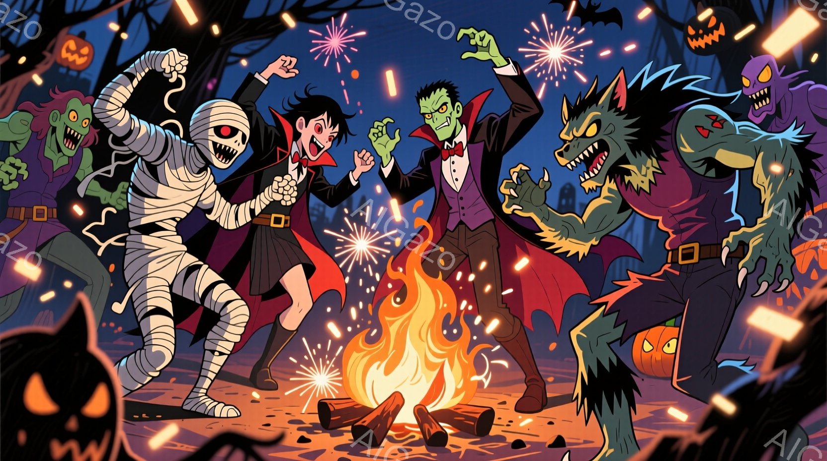ハロウィーンの夜、様々なモンスターたちが焚き火を囲んで踊っています。吸血鬼の女性は赤いドレスを着て、興奮した表情で手を高く上げています。背景には、カボチャのランタンや不気味な建物が点在し、夜空にはコウモリが舞い、全体的に賑やかで楽しいハロウィーンの雰囲気が漂っています。