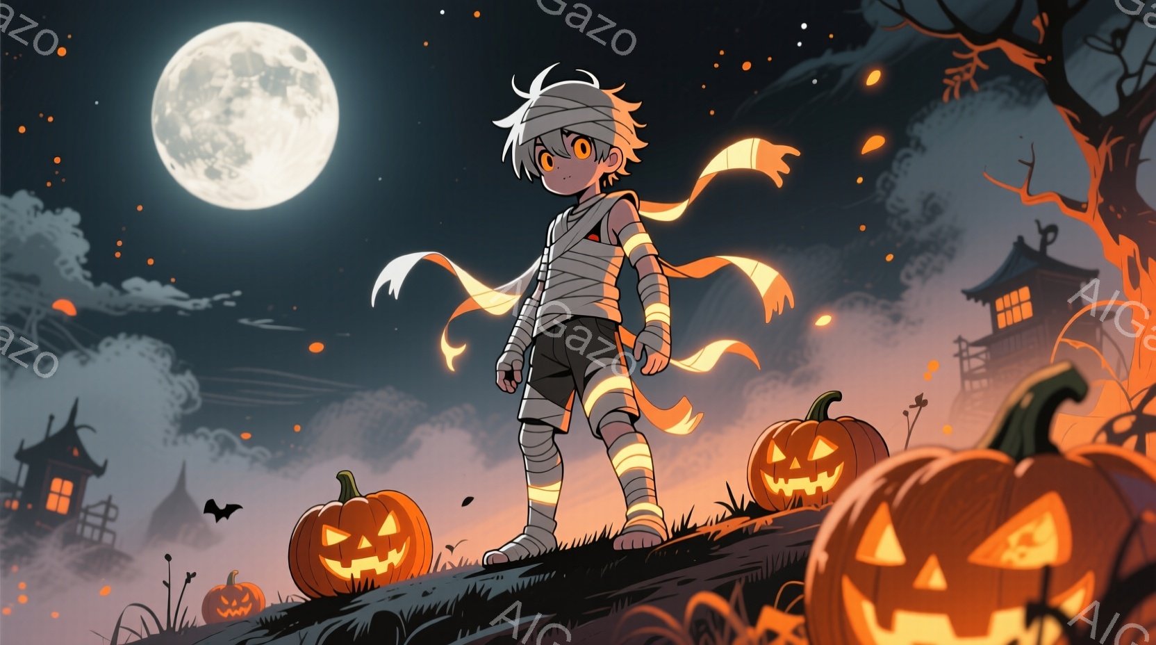 少年は、包帯で手足や頭を覆ったミイラの衣装を着ており、少しいたずらっぽい表情を浮かべています。彼は緑の丘の上に立っており、周囲にはジャック・オー・ランタンが置かれ、背景には古い屋敷や不気味な木々、そし - AI生成フリー素材