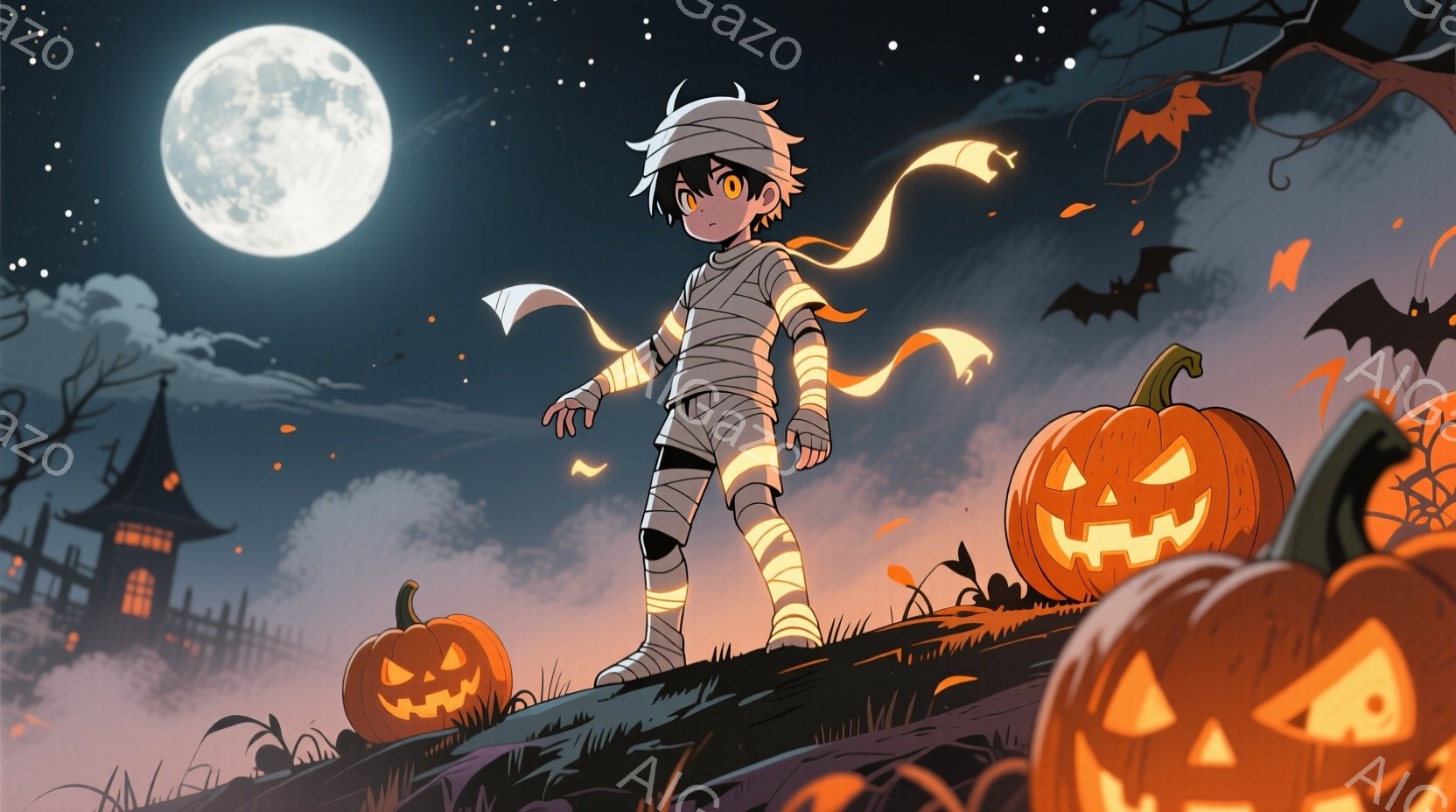 夜の丘に、ミイラのような格好をした少年が立っている。頭には包帯が巻かれ、手足も包帯で覆われているが、どこかコミカルな印象を与える。背景には、不気味な城、ジャック・オ・ランタン、そして夜空に舞うコウモリがあり、ハロウィンの雰囲気を醸し出している。