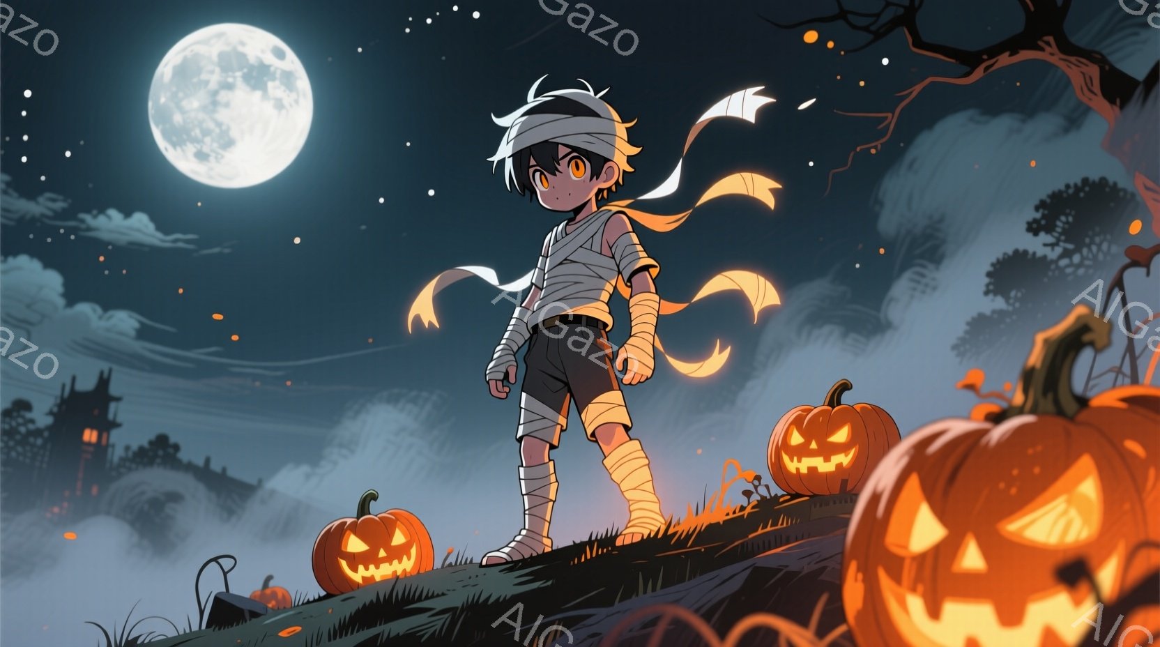 包帯で手足が巻かれた少年が、ハロウィーンの夜に墓地で立っている様子を描いています。少年は短い黒髪で、少し困ったような表情をしており、包帯が風になびいています。背景には、月明かりに照らされた不気味な屋敷 - AI生成フリー素材