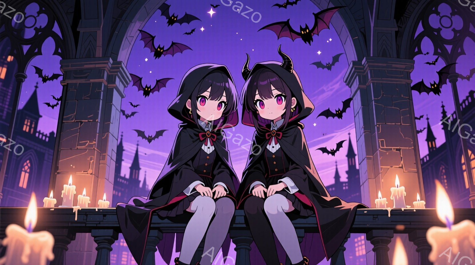 二人の少女が、ゴシック調の建築物の上に並んで座っている。彼女たちは黒いフード付きのローブを着ており、ローブには赤いリボンがアクセントとして付いている。背景には暗い空の下にシルエットで描かれた建物群が広 - AI生成フリー素材