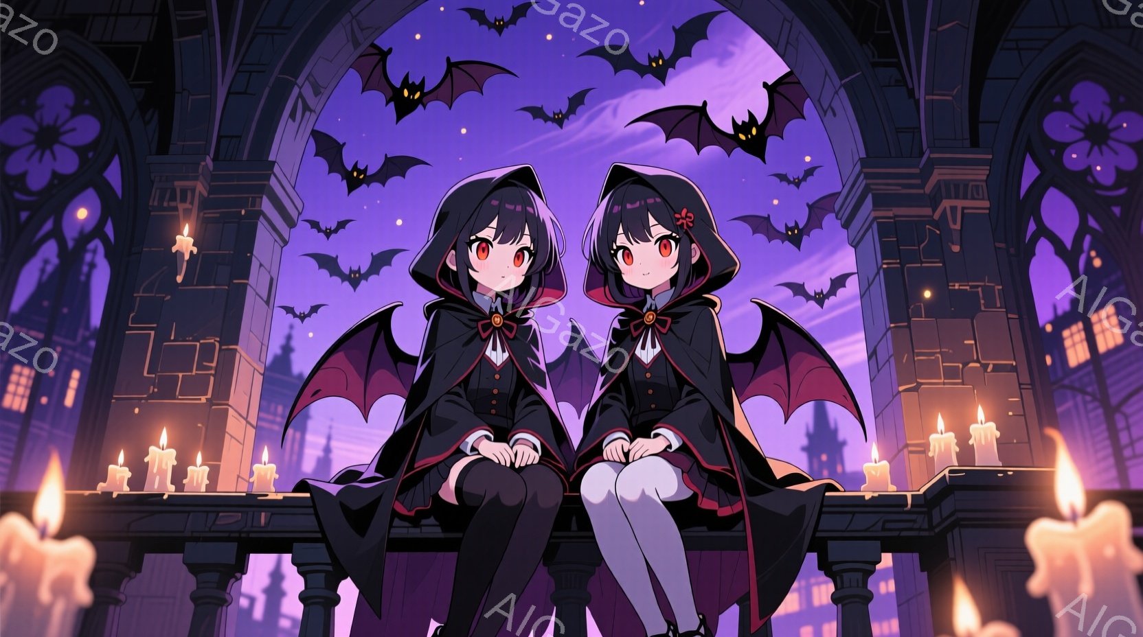 二人の少女が、ゴシック調の建物の上に並んで座っている。黒いフード付きのローブを着ており、ローブには赤い装飾が施されている。彼女たちは同じように黒髪で、赤い瞳を持ち、無表情で正面を見ている。