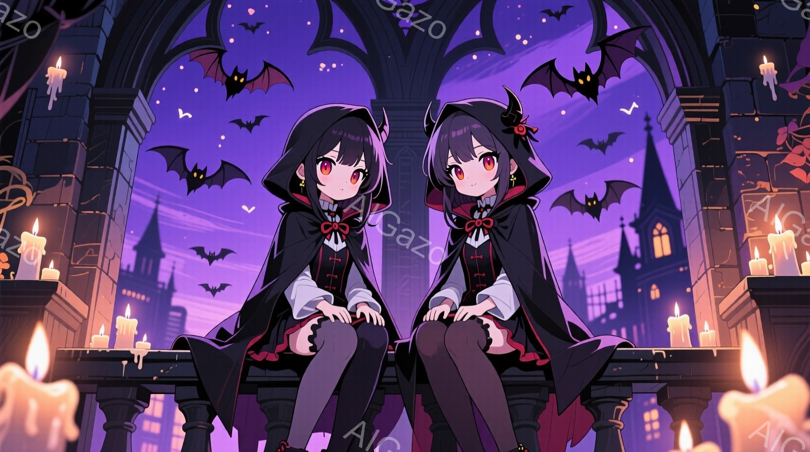 二人の少女が、ゴシック調の建物の一部である石造りの欄干に座っています。彼女たちは黒いドレスとマントを着ており、赤いリボンがアクセントになっています。背景には紫色の空とシルエットの建物、そして飛ぶコウモリが描かれ、周囲には燃えるロウソクが配置され、神秘的でハロウィーンらしい雰囲気を醸し出しています。