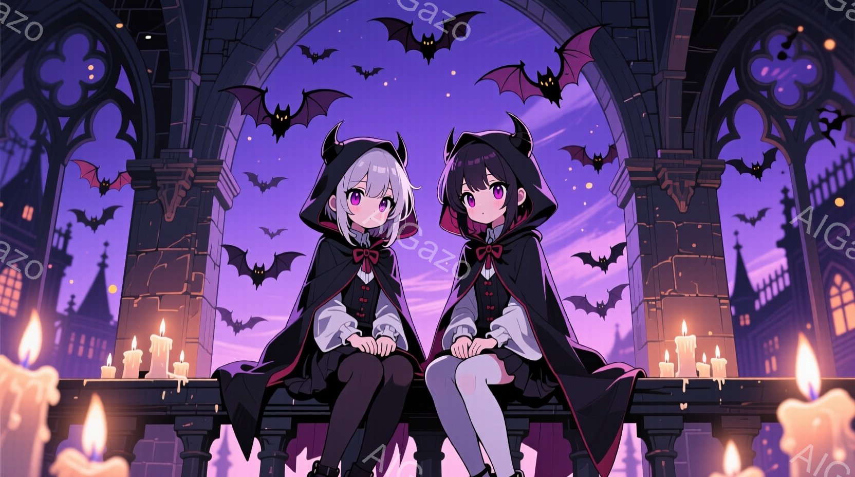 二人の少女が、ゴシック様式の建物の屋上に並んで座っています。彼女たちは黒いフード付きのコートを着ており、それぞれ白と黒の髪をしています。周囲にはたくさんのコウモリが飛び交い、無数のロウソクが灯されており、神秘的で少し不気味な雰囲気を醸し出しています。