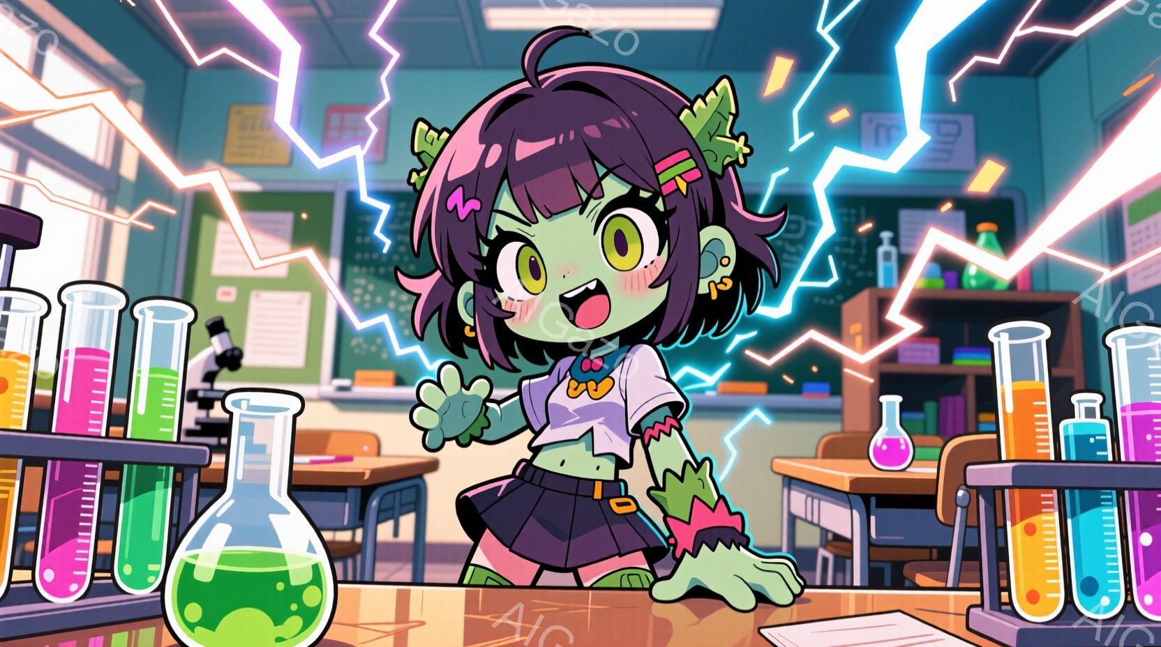 明るい緑色の肌と紫色の髪をした若い女性が、実験室の机の上に立ってポーズをとっています。彼女は、赤いリボンと黄色のネクタイが付いたセーラー服を着ており、表情は愉快で、まるで実験が成功したかのようです。背景には、フラスコや試験管が並んだ実験台や、黒板が描かれた教室があり、稲妻が光る様子から、騒々しい実験が行われているような、活気のある雰囲気が伝わってきます。