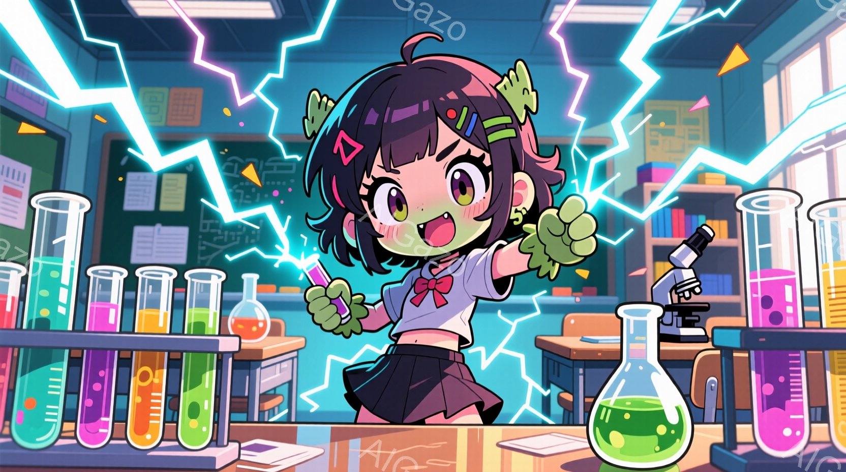 実験室で緑色の液体が入った試験管を掲げ、興奮した表情の若い女性を描いています。彼女は白いブラウスと黒いスカート、赤い髪飾りをつけており、髪は短くウェーブがかかっています。背景には実験台、フラスコ、顕微鏡、そして実験室の壁が見え、全体的に明るくエネルギッシュな雰囲気です。