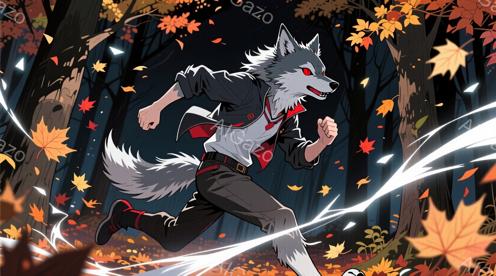 灰色の毛並みを持つ狼の姿をした少年が森の中を全速力で走っている様子を描いています。黒いブレザー、白いシャツ、赤いネクタイ、黒いズボン、赤いスニーカーという制服姿で、強い意志と決意を込めた表情をしています。背景には秋の紅葉した木々と舞い散る葉があり、速度感を強調する白い光の軌跡が描かれ、全体的に躍動感と緊張感が漂っています。